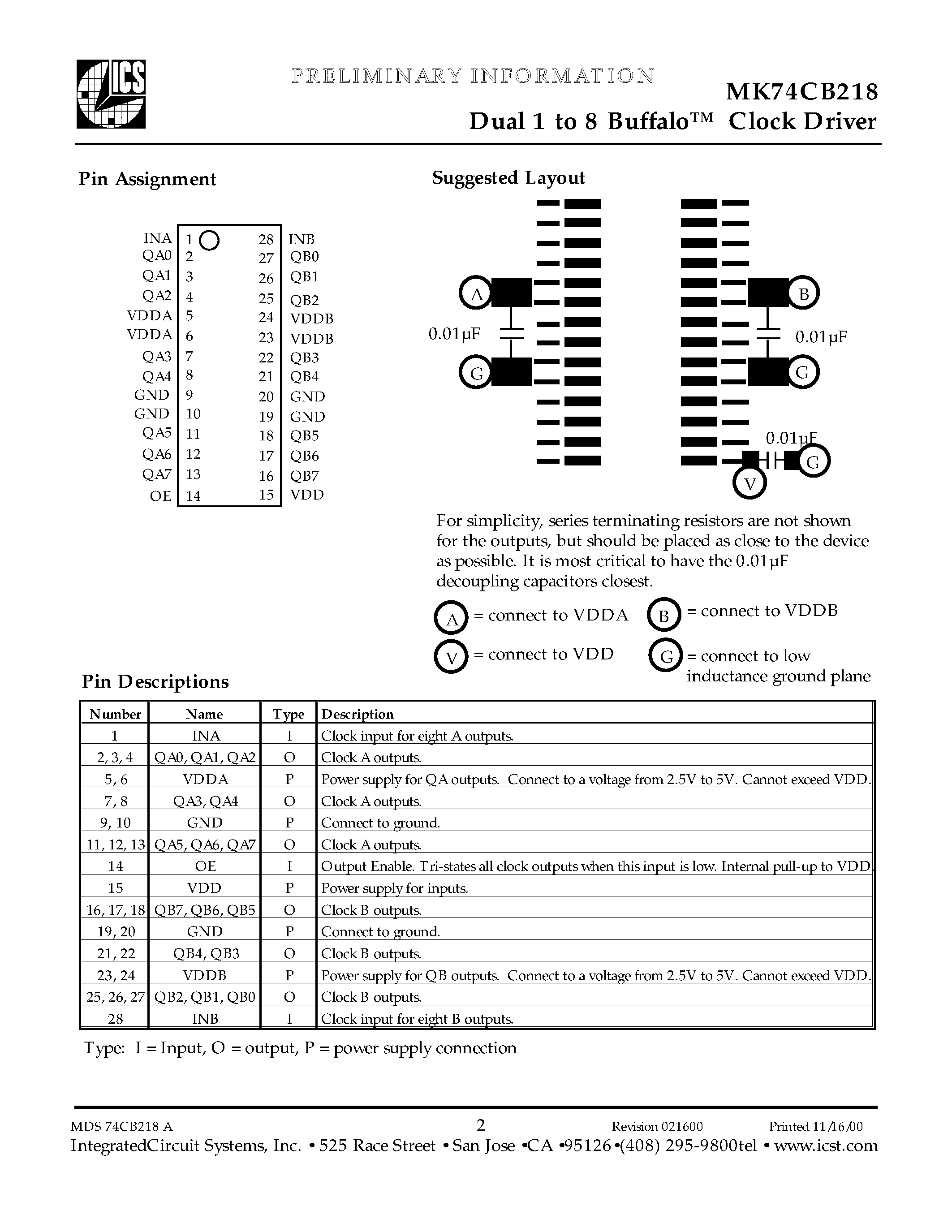 Datasheet MK74CB218R - Dual 1 to 8 Buffalo Clock Driver page 2