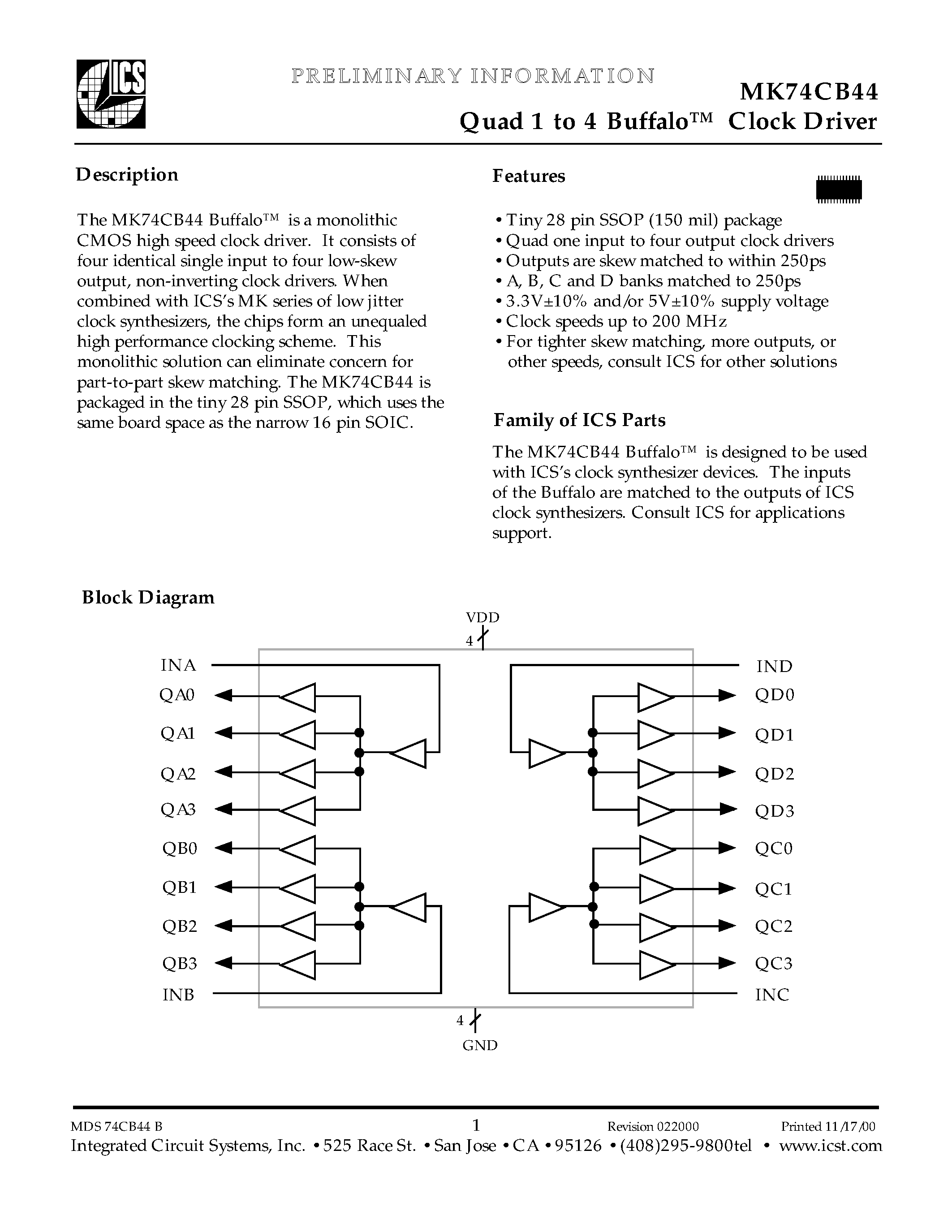 Datasheet MK74CB44 - Quad 1 to 4 Buffalo Clock Driver page 1
