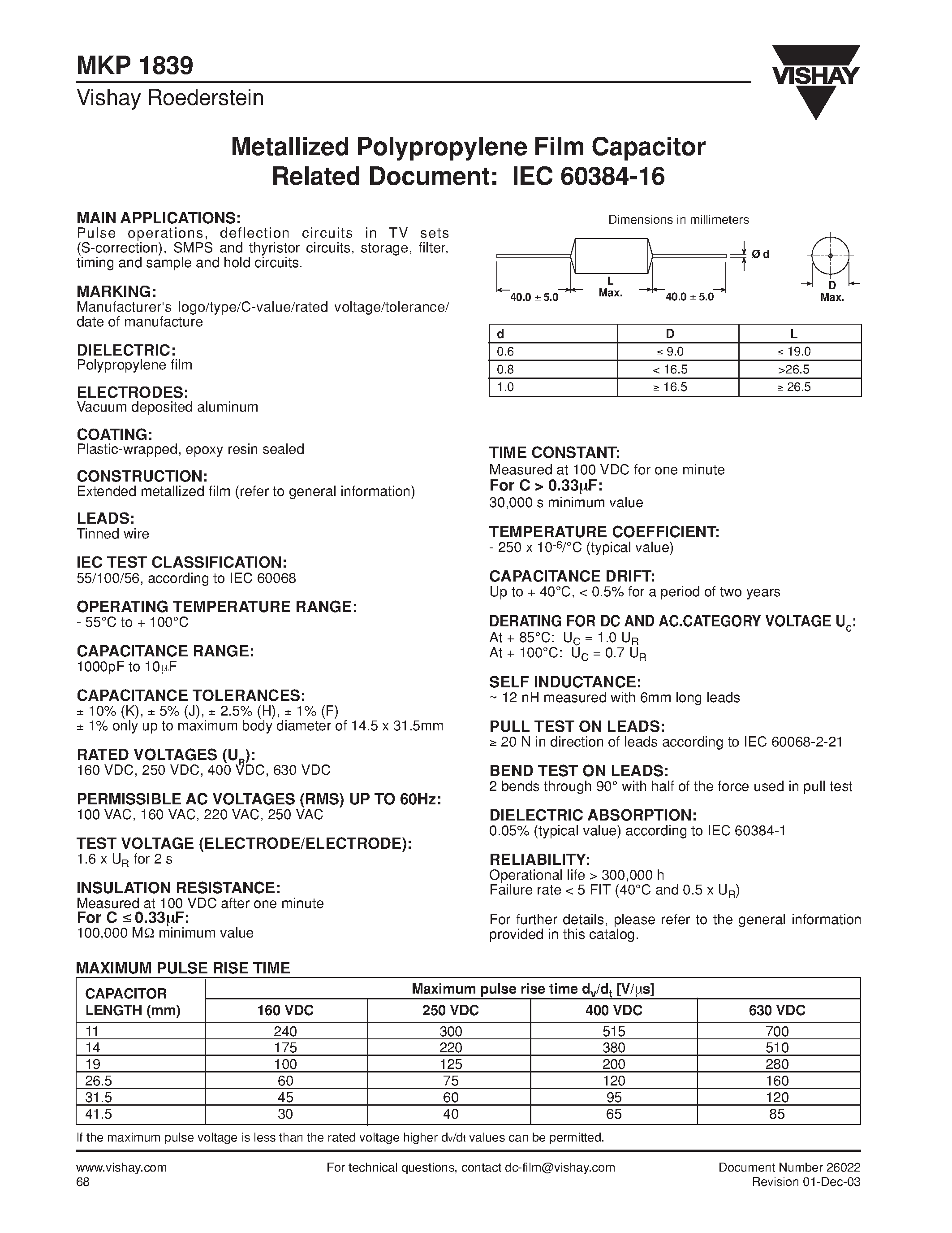 Datasheet MKP1839-522-403 page 1 Datasheet MKP1839-522-403 - Metallized Polypropylene Film Capacitor Related Document: IEC 60384-16 page 1