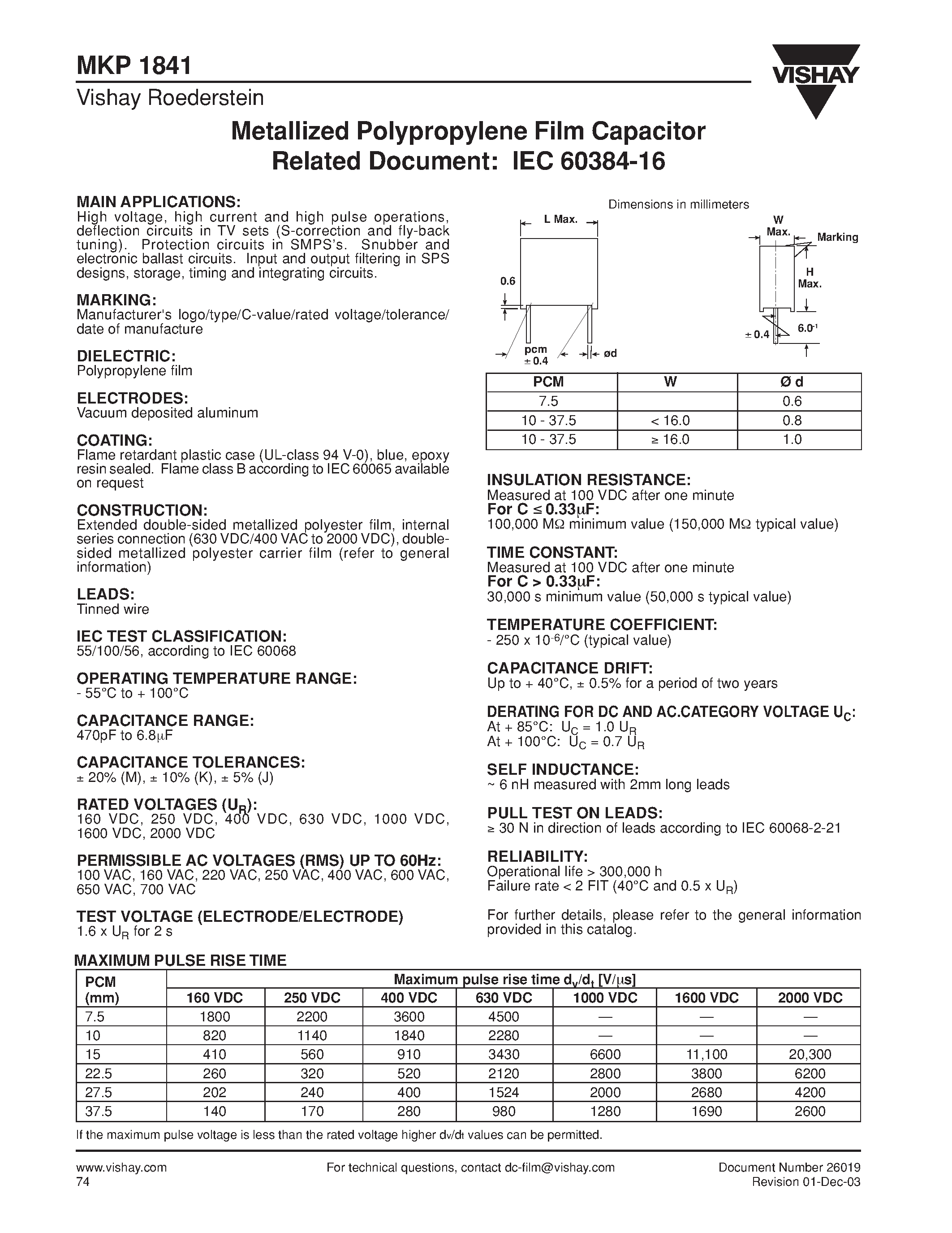 Datasheet MKP1841-447 - Metallized Polypropylene Film Capacitor Related Document: IEC 60384-16 page 1