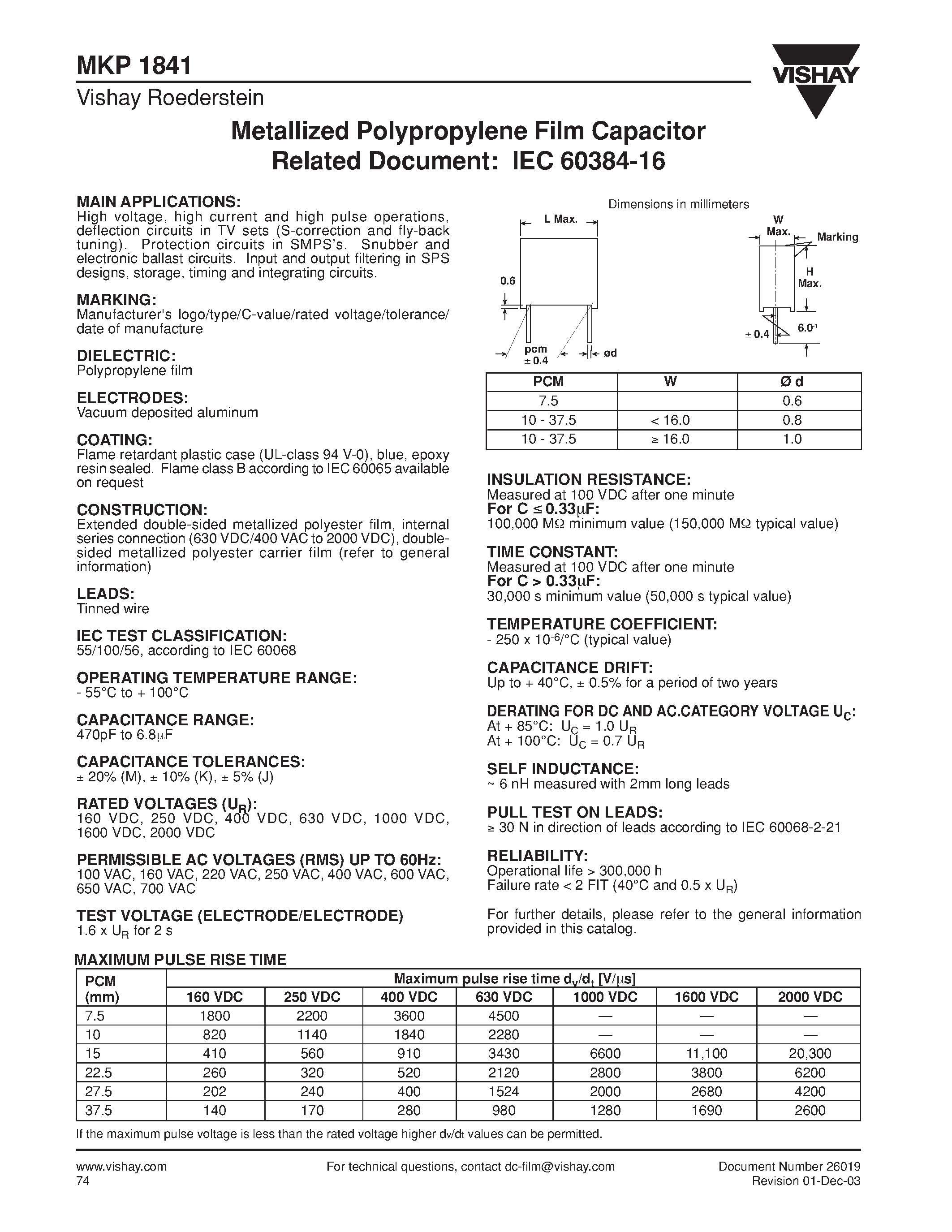 Даташит MKP1841-522-165-V - Metallized Polypropylene Film Capacitor Related Document: IEC 60384-16 страница 1