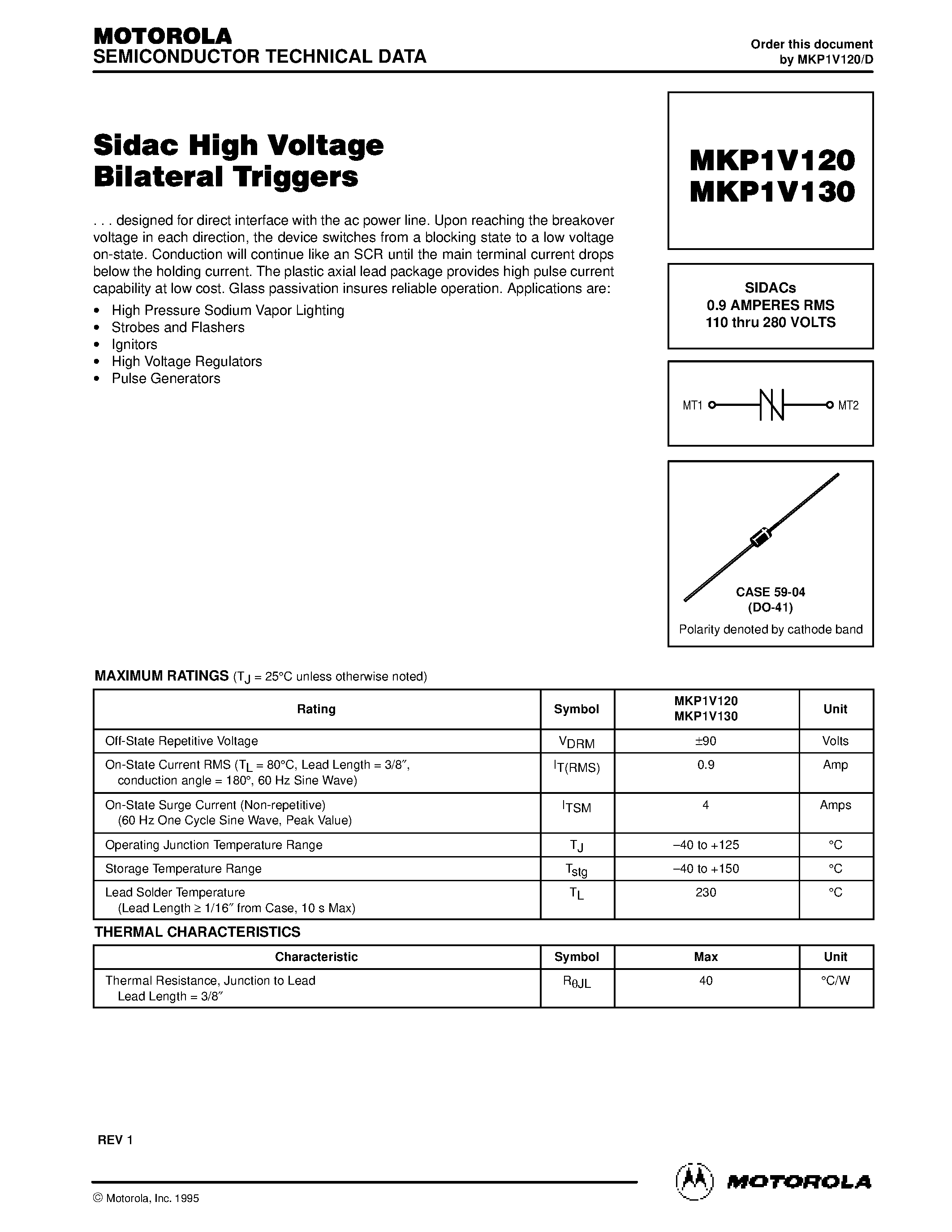 Datasheet MKP1V130 - SIDACs 0.9 AMPERES RMS 110 thru 280 VOLTS page 1
