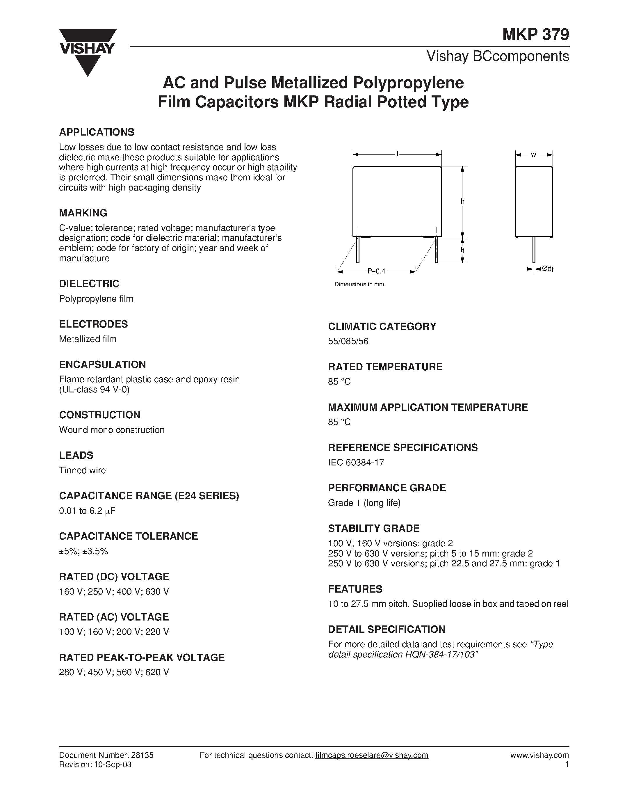Datasheet MKP379 - AC and Pulse Metallized Polypropylene Film Capacitors MKP Radial Potted Type page 1