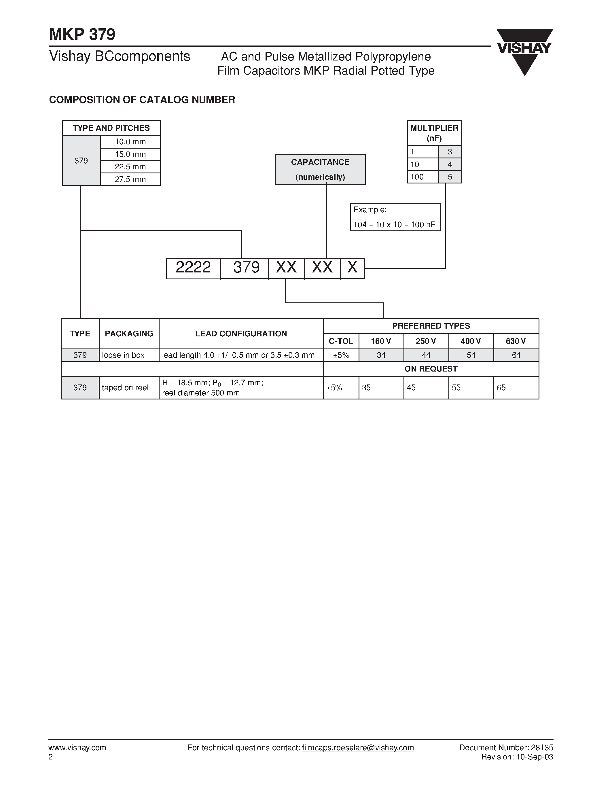 Datasheet MKP379 - AC and Pulse Metallized Polypropylene Film Capacitors MKP Radial Potted Type page 2