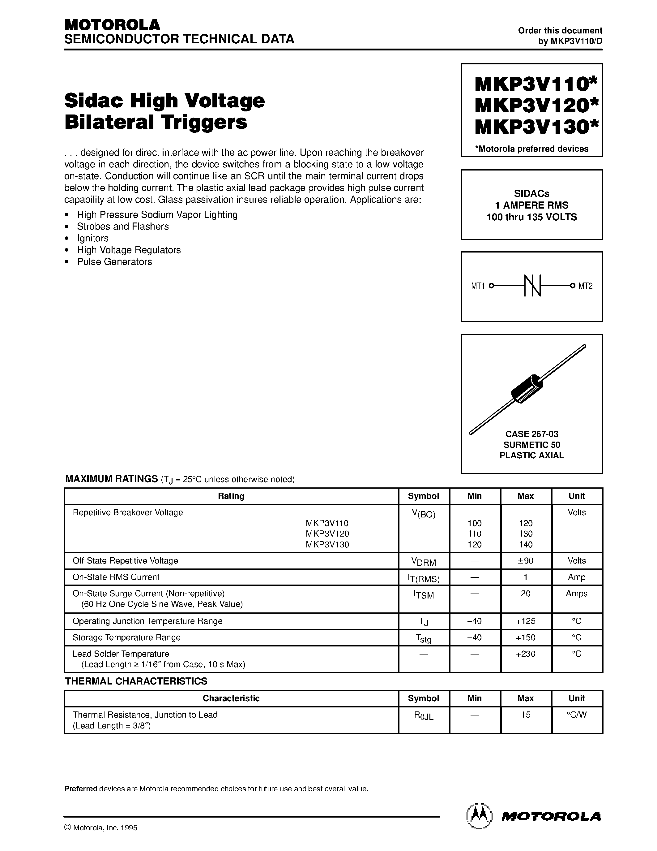 Datasheet MKP3V120 - SIDACs 1 AMPERE RMS 100 thru 135 VOLTS page 1