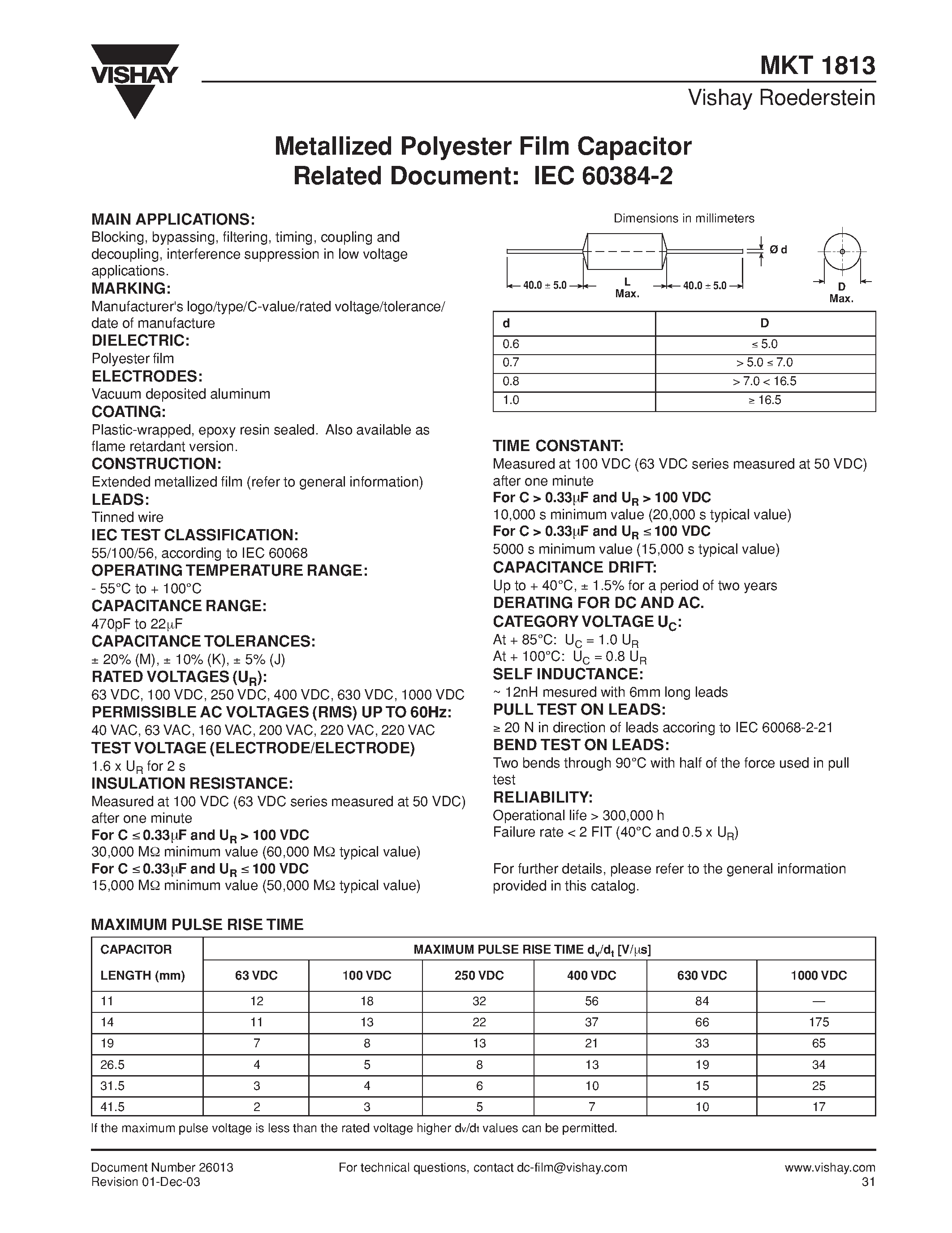 Datasheet MKT1813-422-014 - Metallized Polyester Film Capacitor page 1