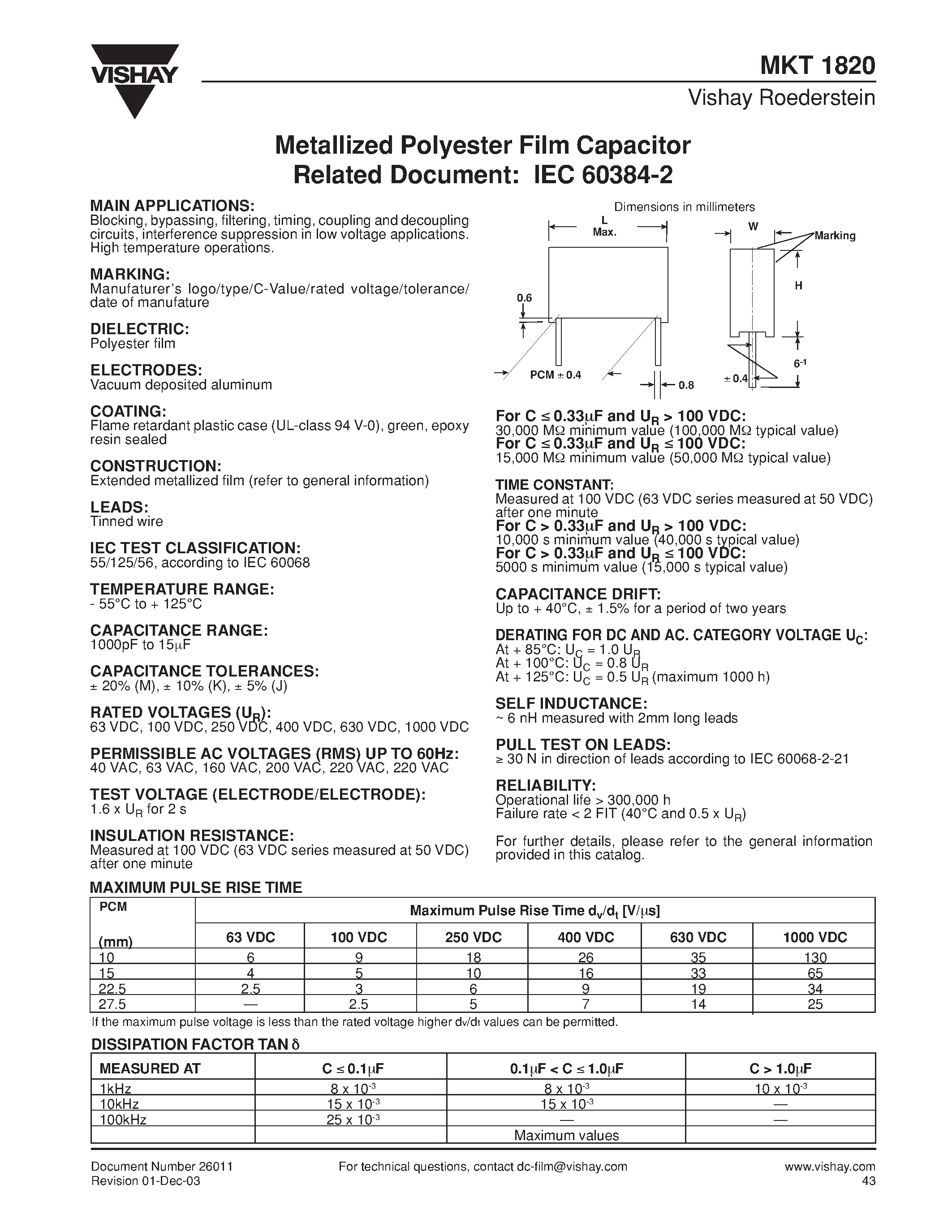 Datasheet MKT1820 - Metallized Polyester Film Capacitor page 1