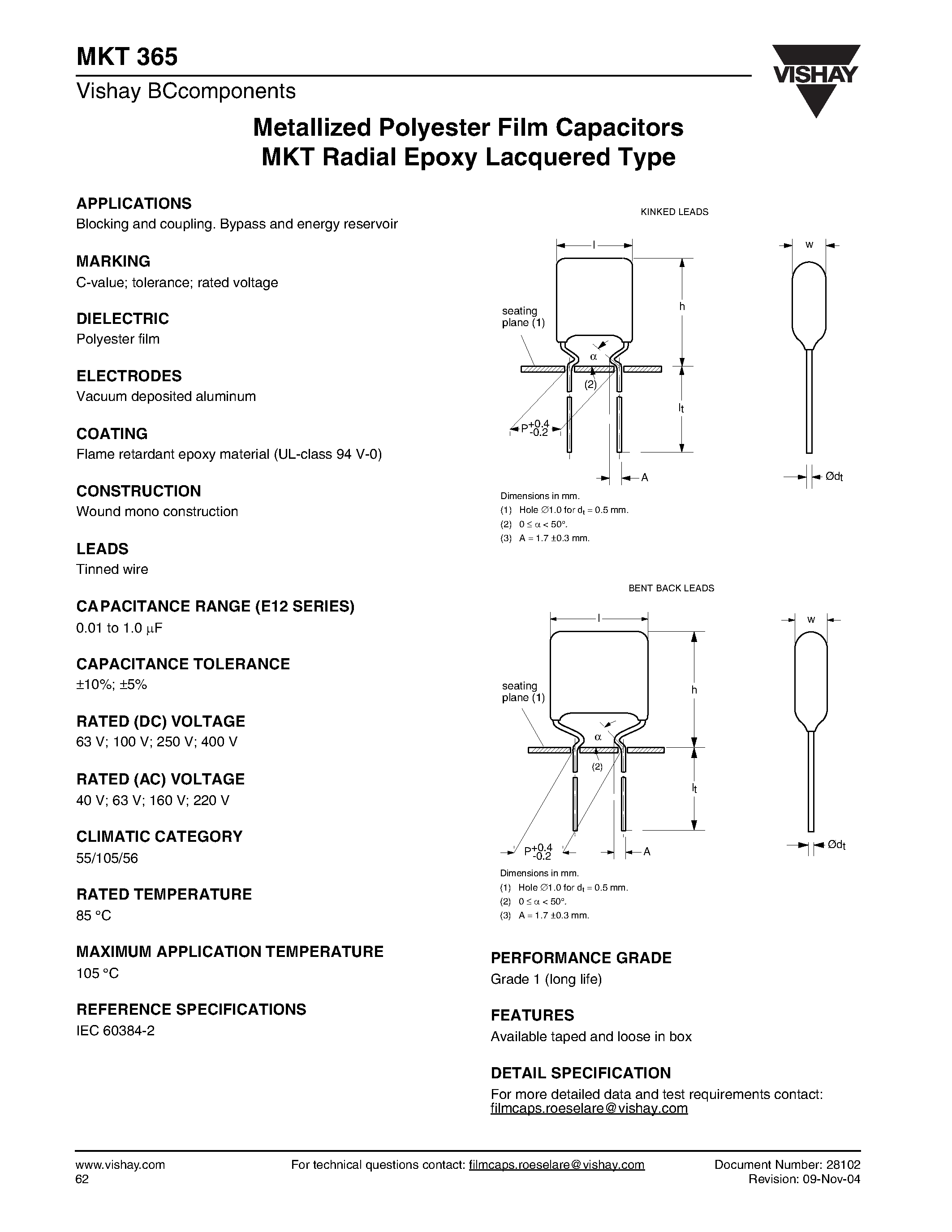 Datasheet MKT365 - Metallized Polyester Film Capacitors MKT Radial Epoxy Lacquered Type page 1