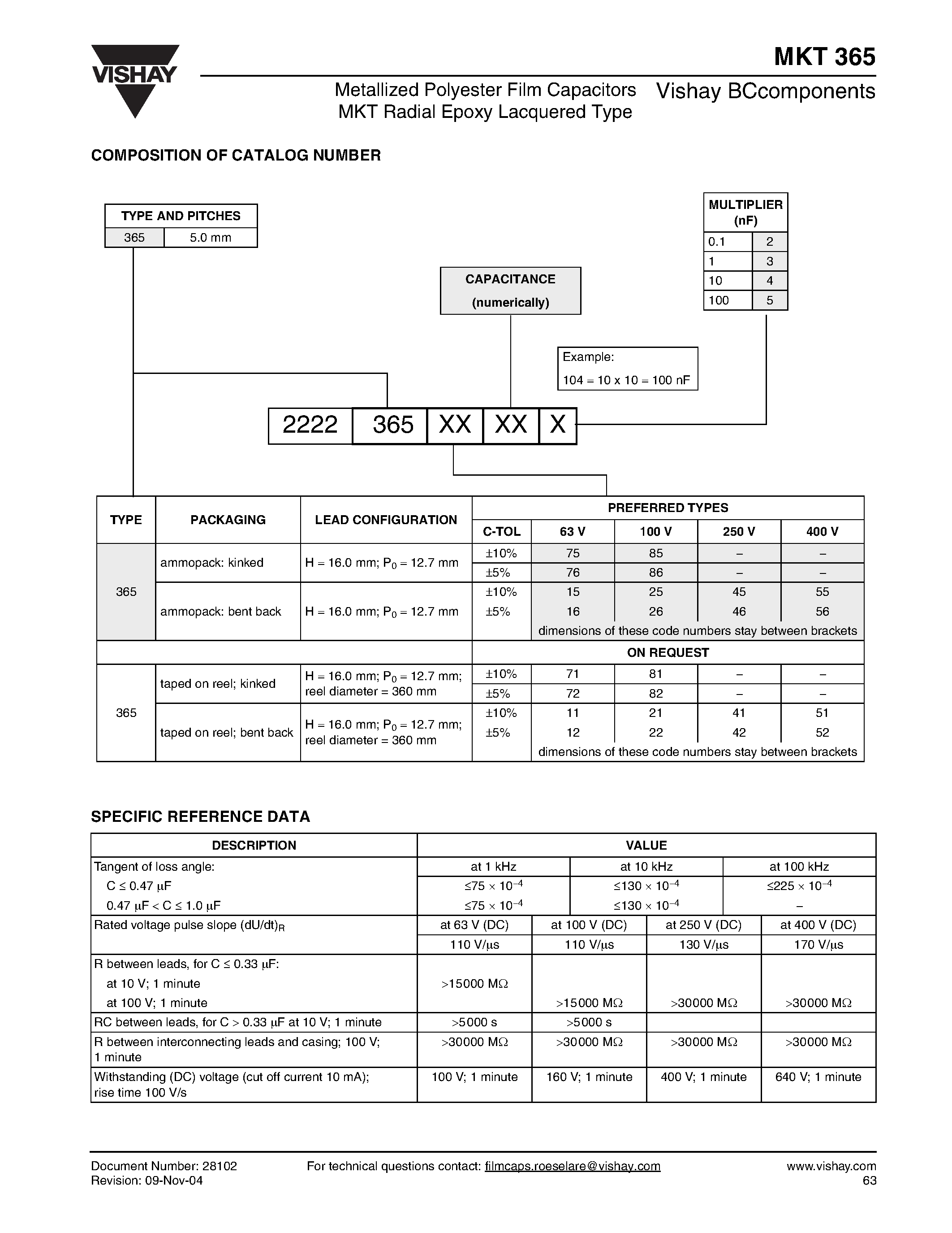 Datasheet MKT365 - Metallized Polyester Film Capacitors MKT Radial Epoxy Lacquered Type page 2