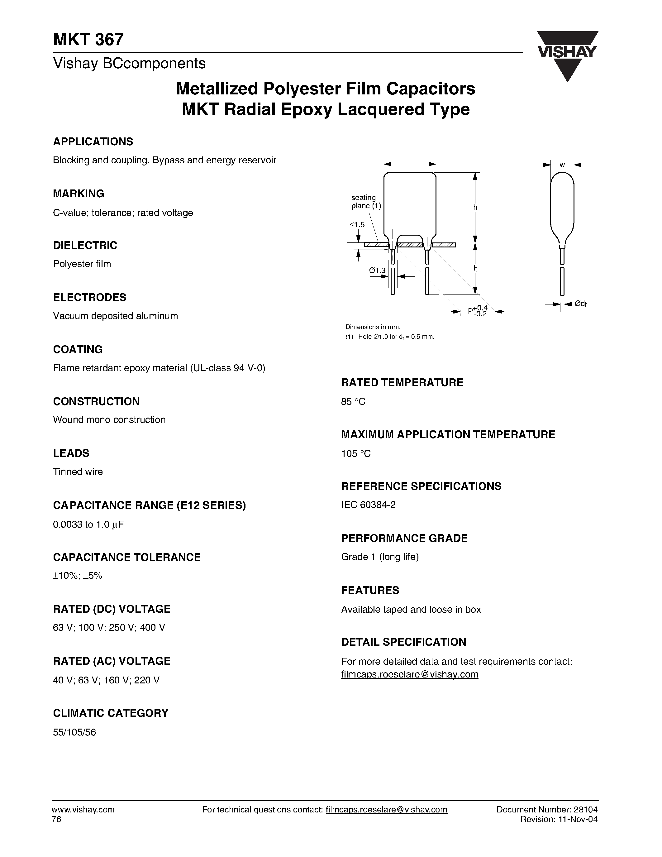 Datasheet MKT367 - Metallized Polyester Film Capacitors MKT Radial Epoxy Lacquered Type page 1