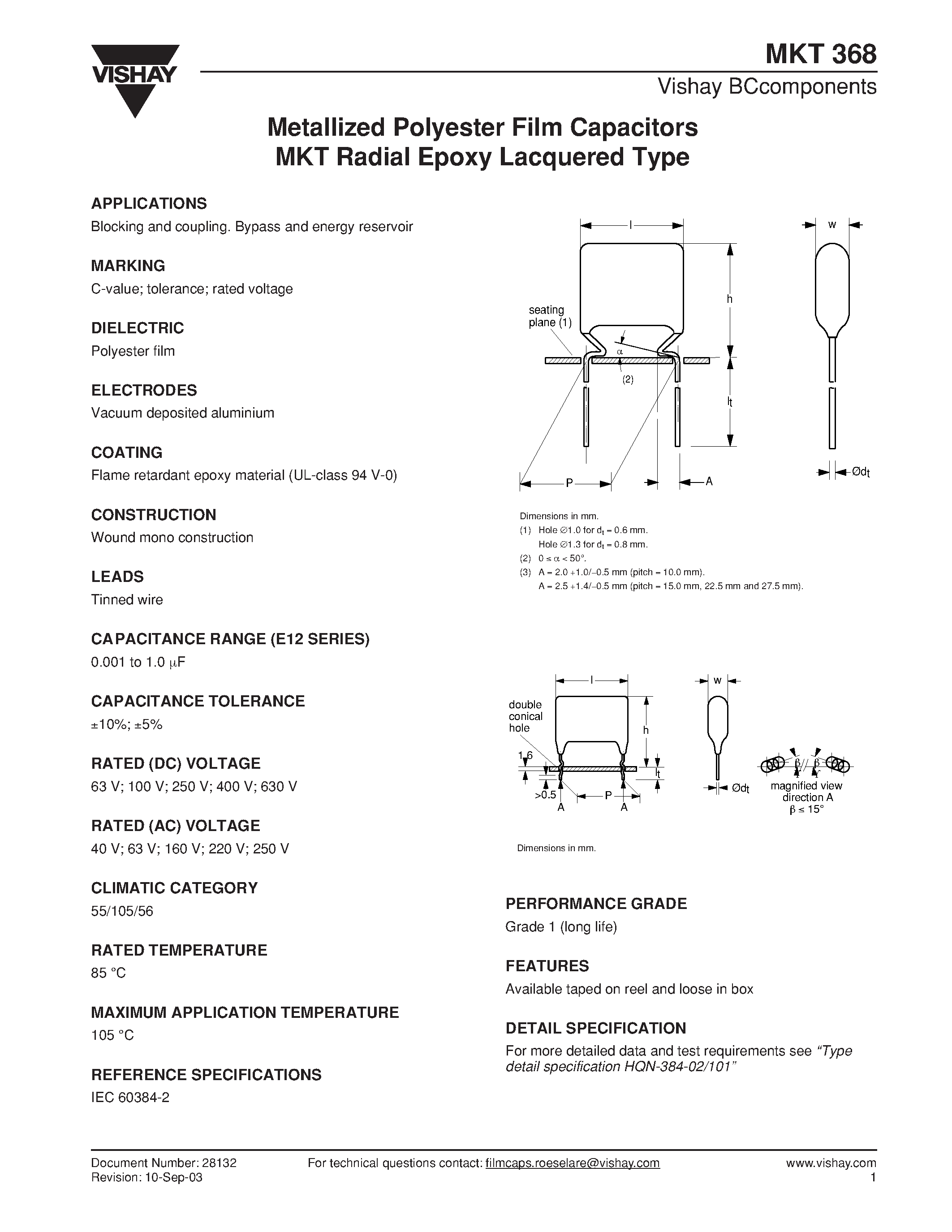 Datasheet MKT368 - Metallized Polyester Film Capacitors MKT Radial Epoxy Lacquered Type page 1