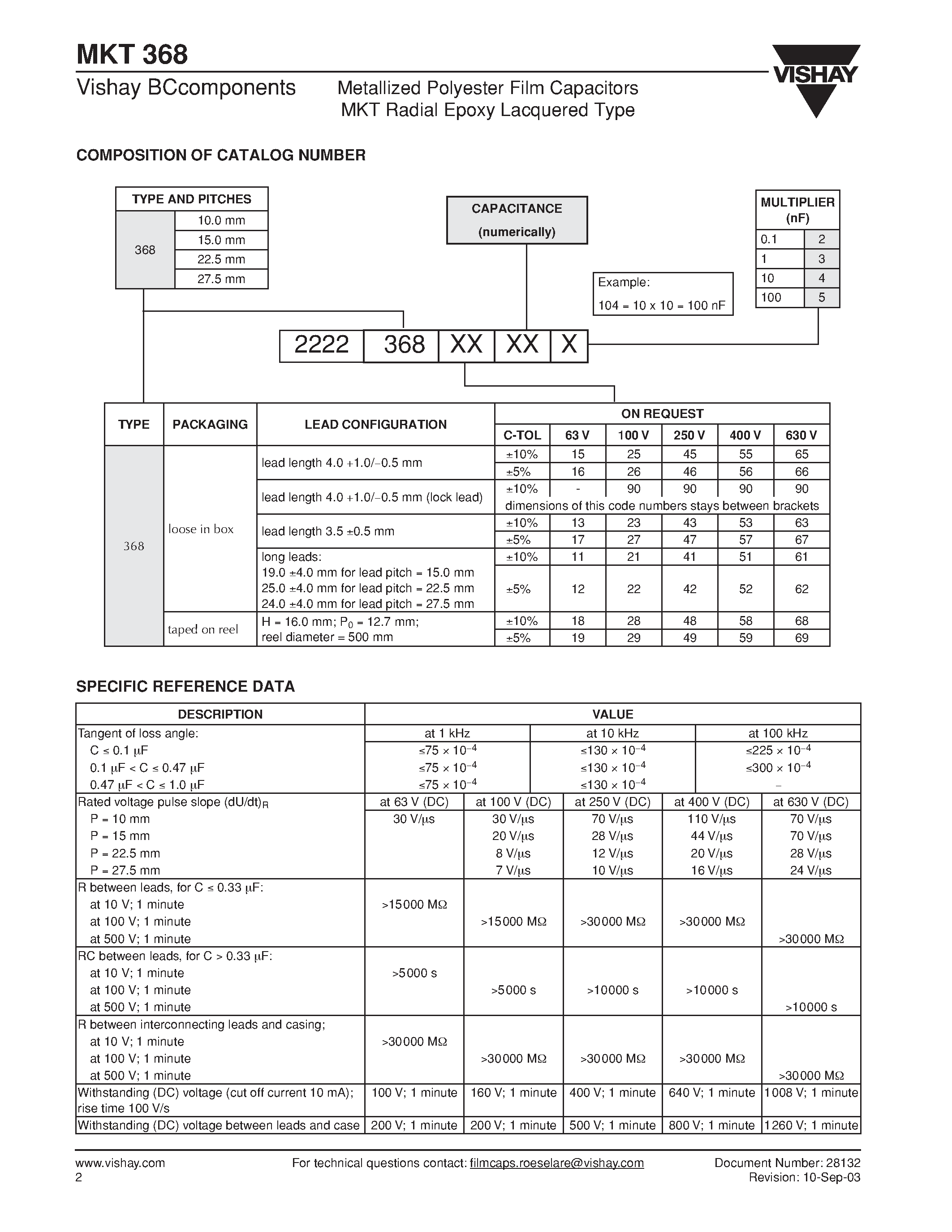 Datasheet MKT368 - Metallized Polyester Film Capacitors MKT Radial Epoxy Lacquered Type page 2