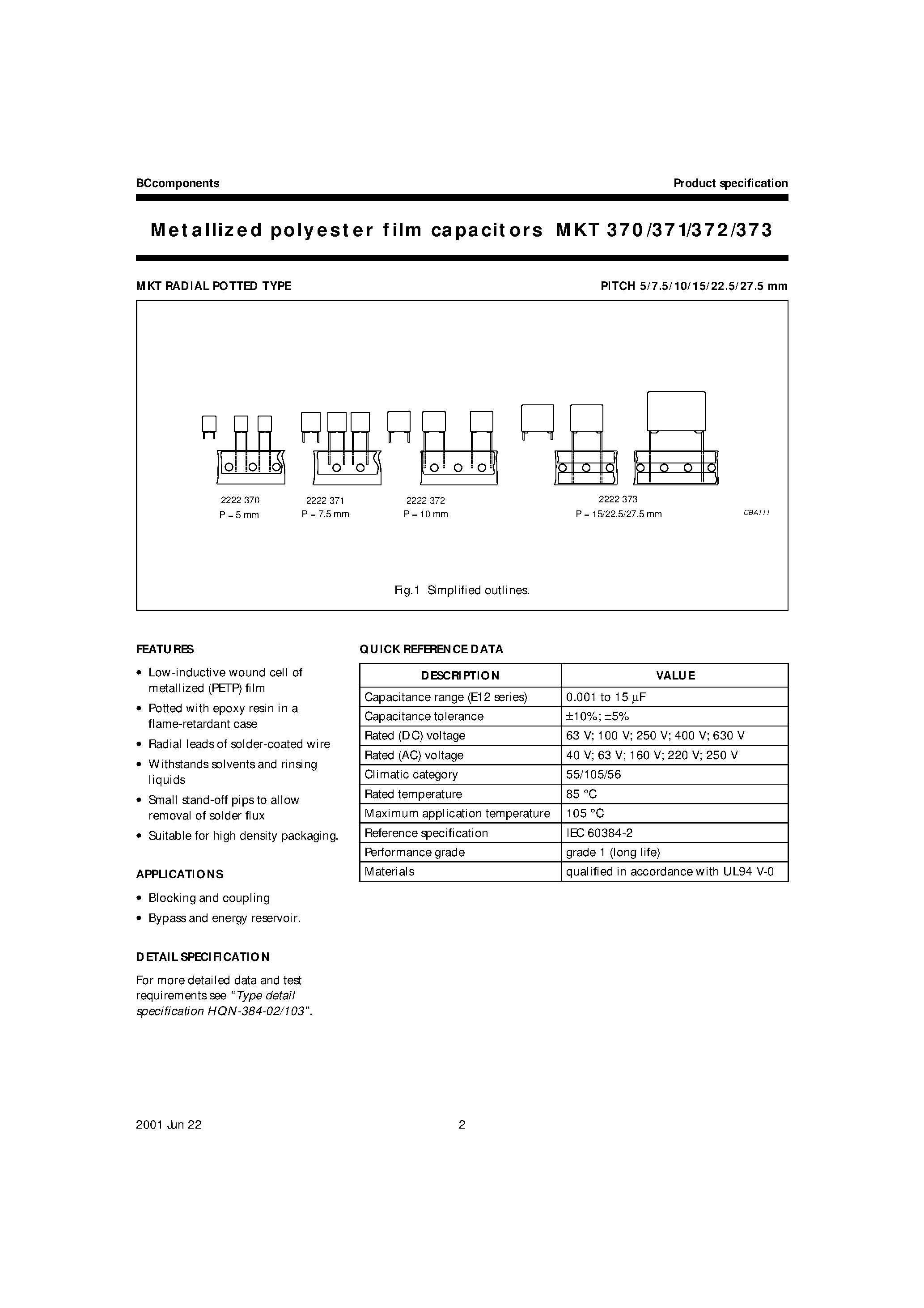 Datasheet MKT372 - Metallized polyester film capacitors page 2