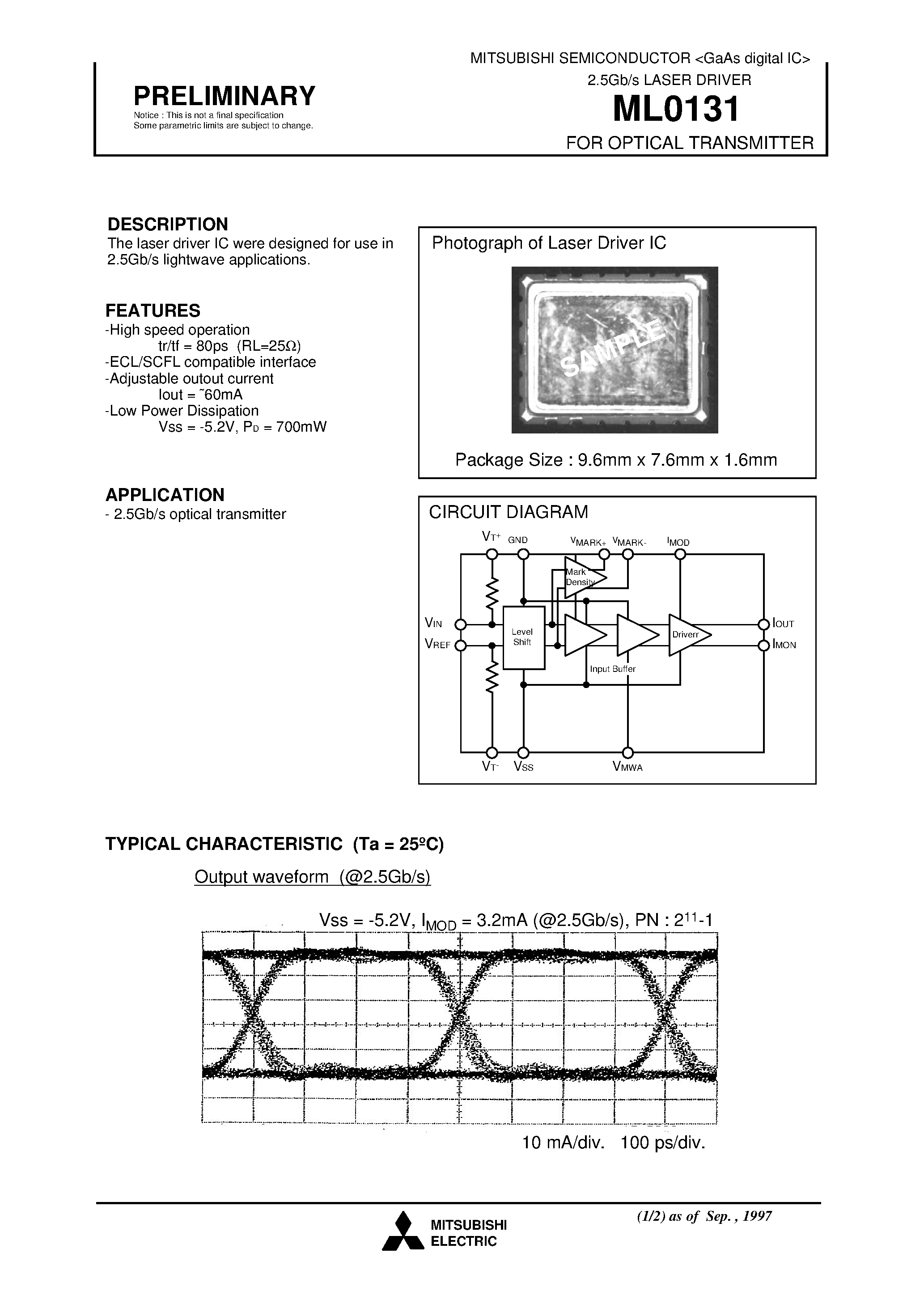 Datasheet ML0131 - FOR OPTICAL TRANSMITTER(2.5Gb/s LASER DRIVER) page 1