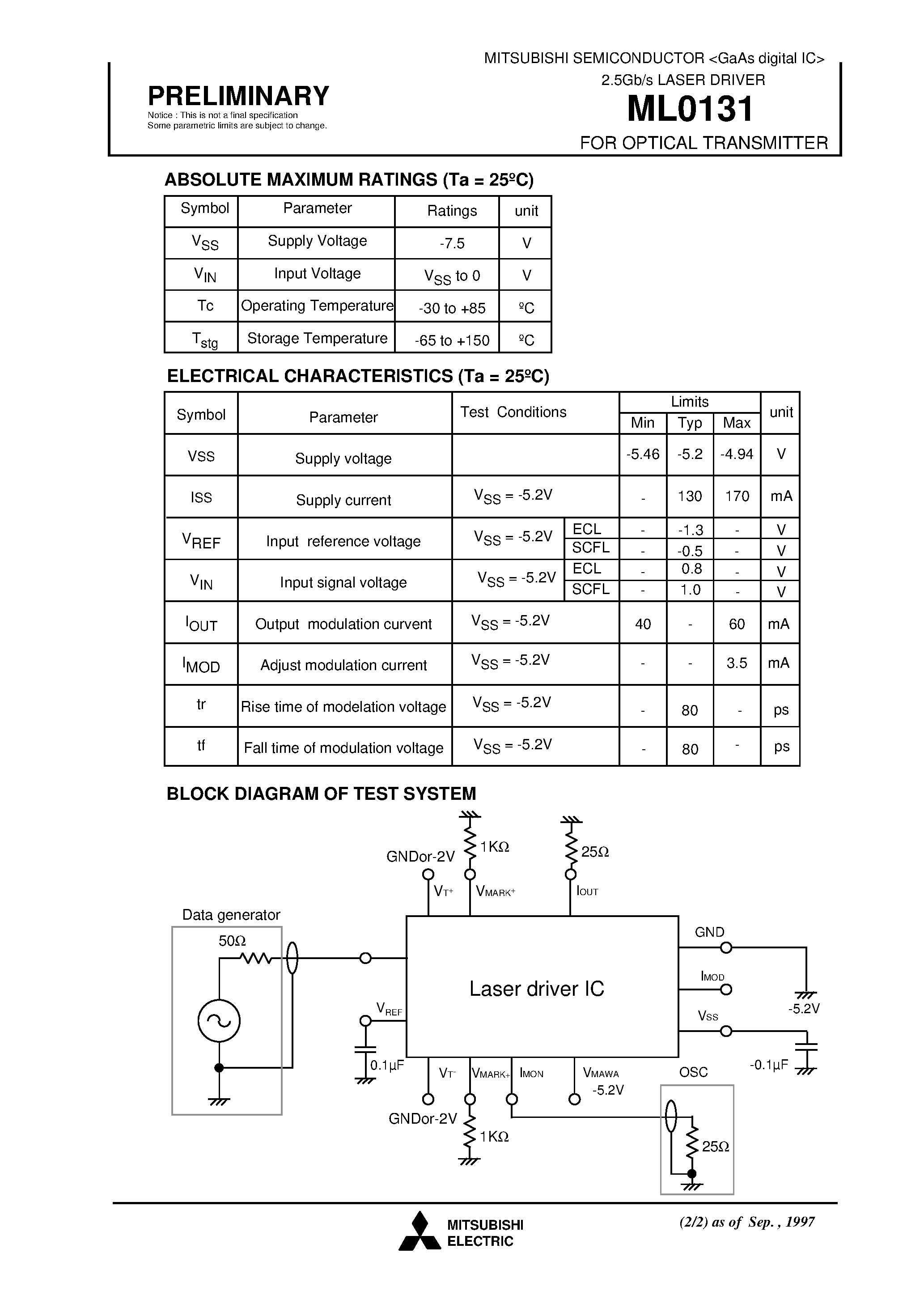Datasheet ML0131 - FOR OPTICAL TRANSMITTER(2.5Gb/s LASER DRIVER) page 2