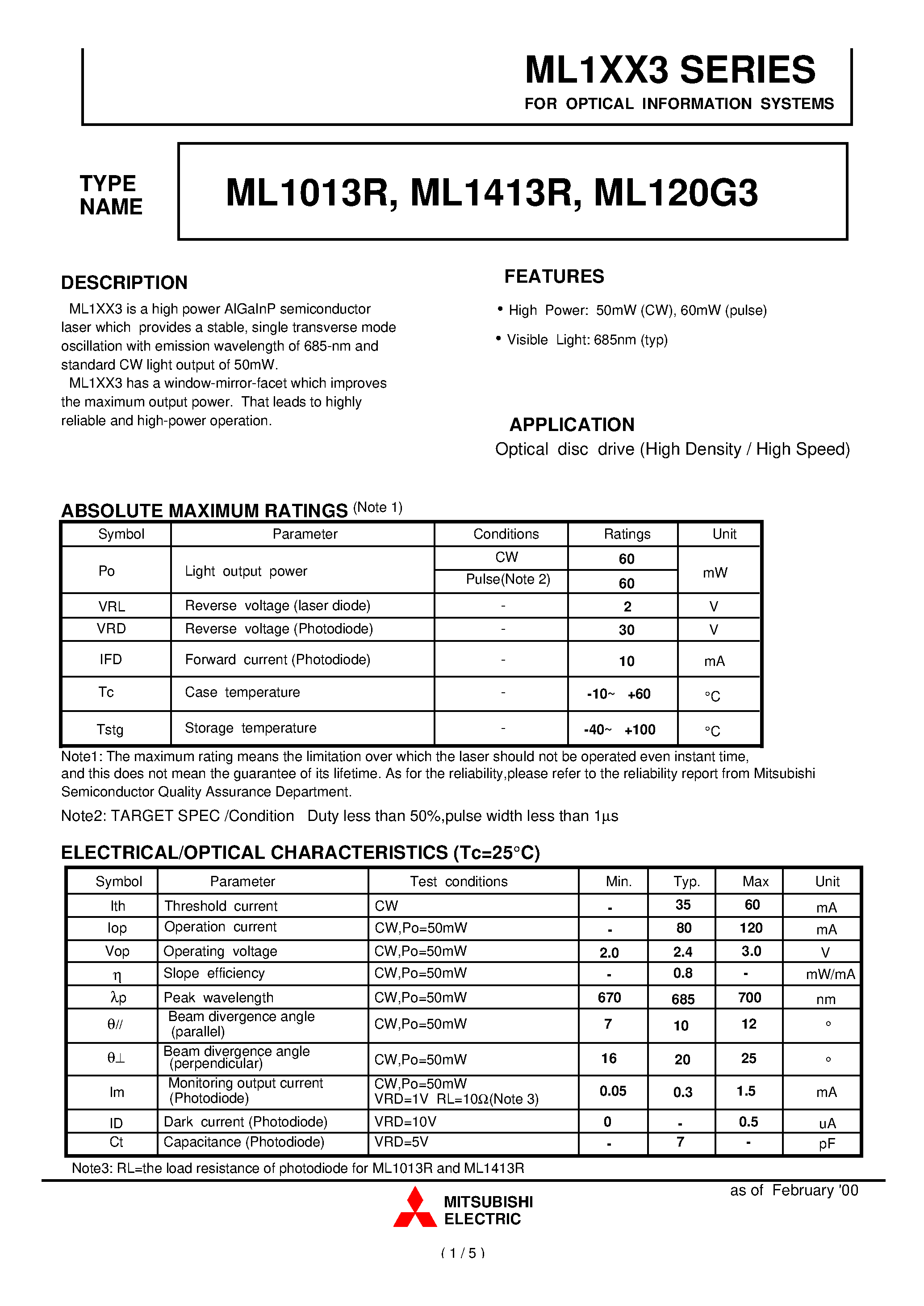 Datasheet ML1013R page 1 Datasheet ML1013R - FOR OPTICAL INFORMATION SYSTEM page 1