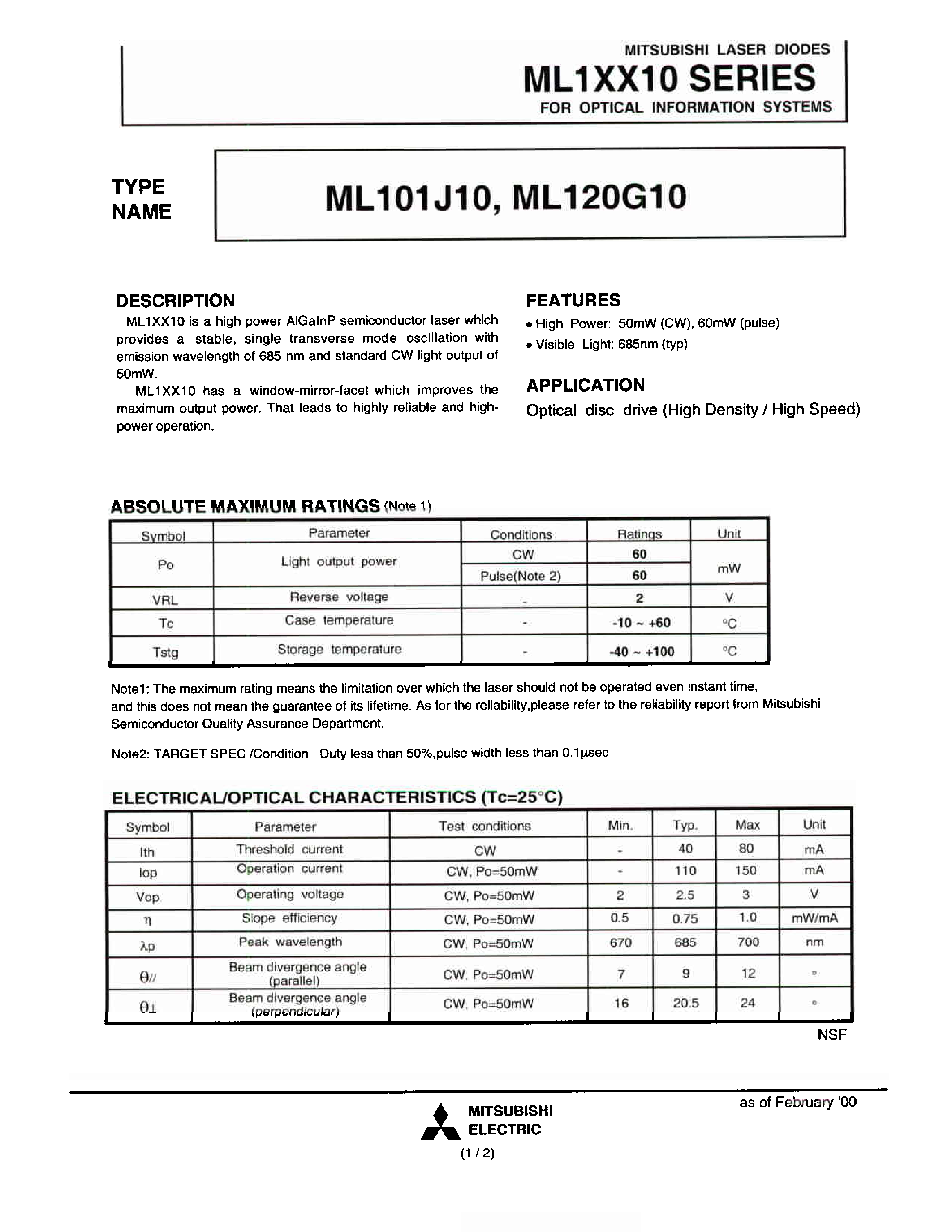 Datasheet ML101J10 page 1 Datasheet ML101J10 - FOR OPTICAL INFORMATION SYSTEM page 1