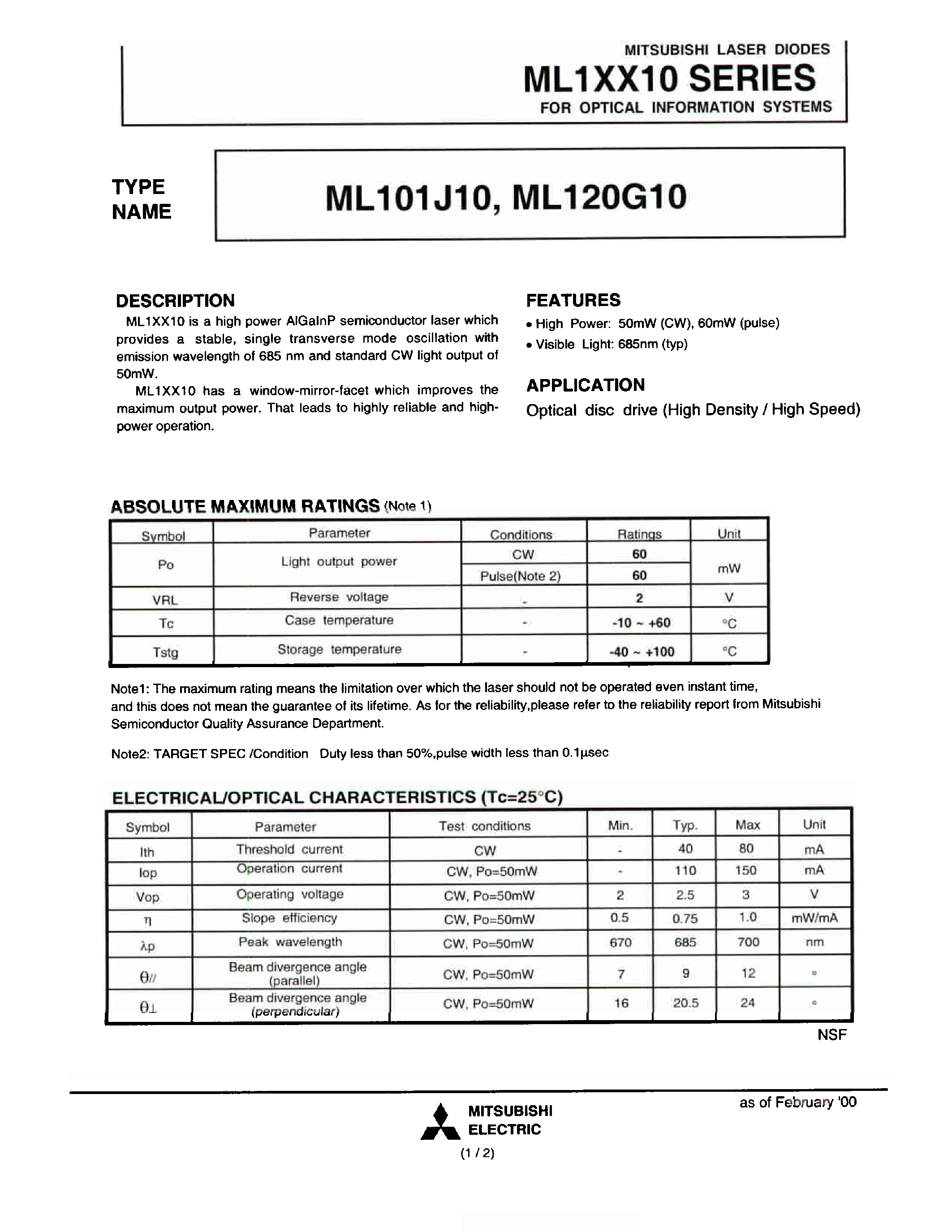 Datasheet ML101J10 - FOR OPTICAL INFORMATION SYSTEM page 1