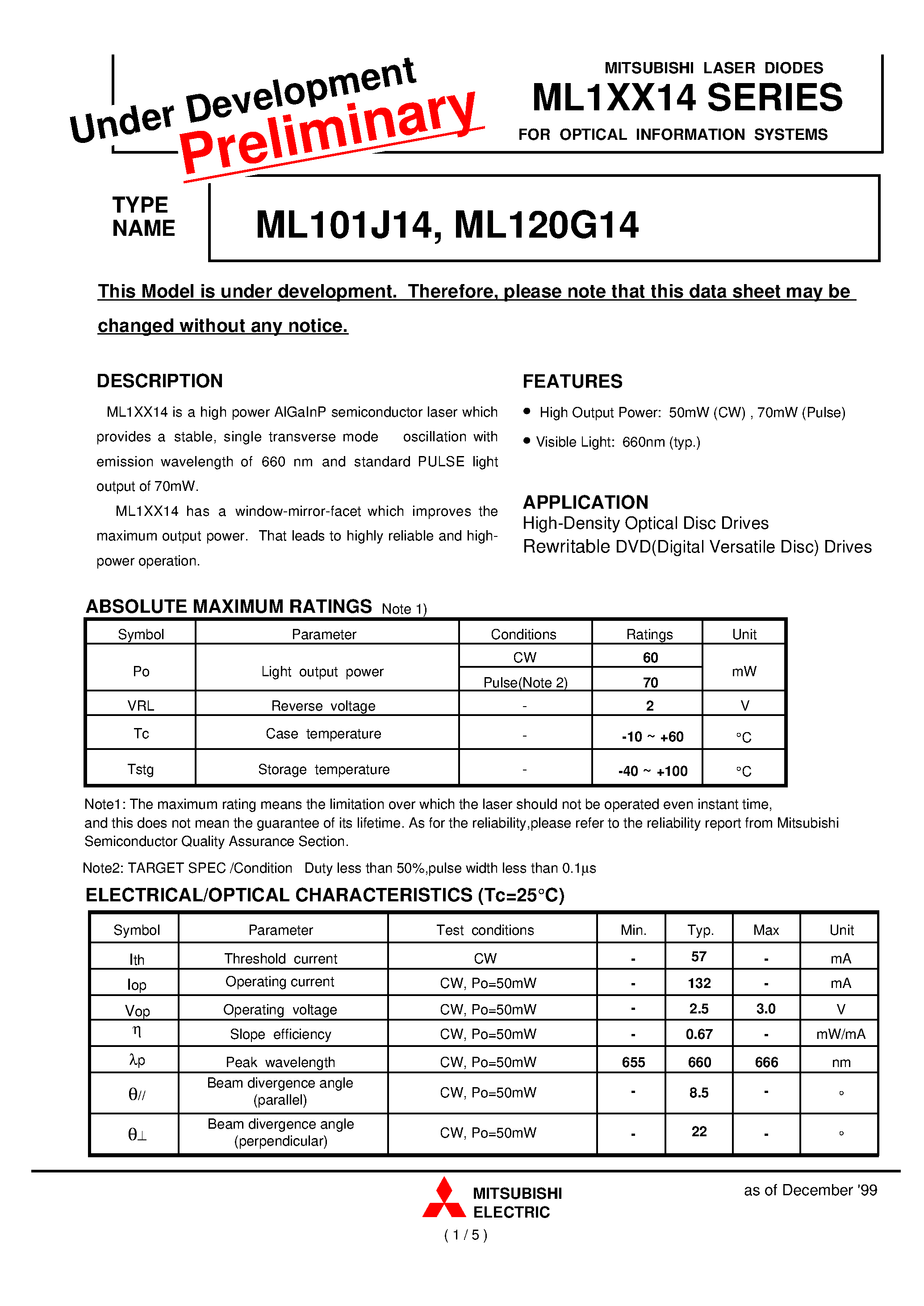 Datasheet ML101J14 page 1 Datasheet ML101J14 - FOR OPTICAL INFORMATION SYSTEM page 1