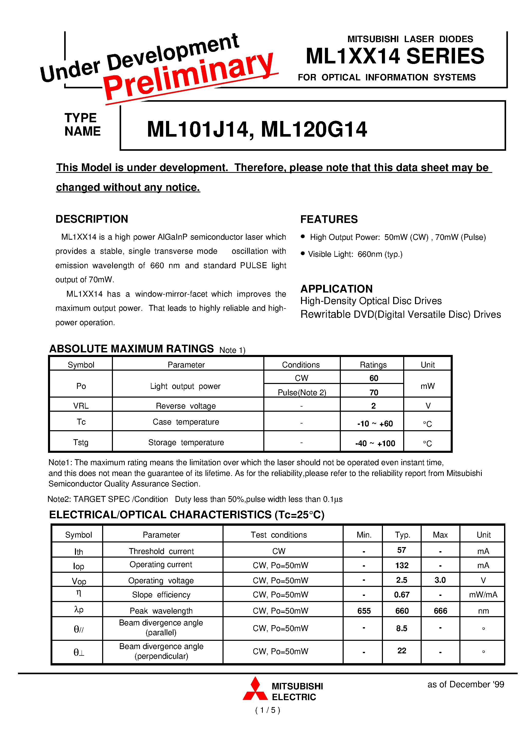Datasheet ML101J14 - FOR OPTICAL INFORMATION SYSTEM page 1