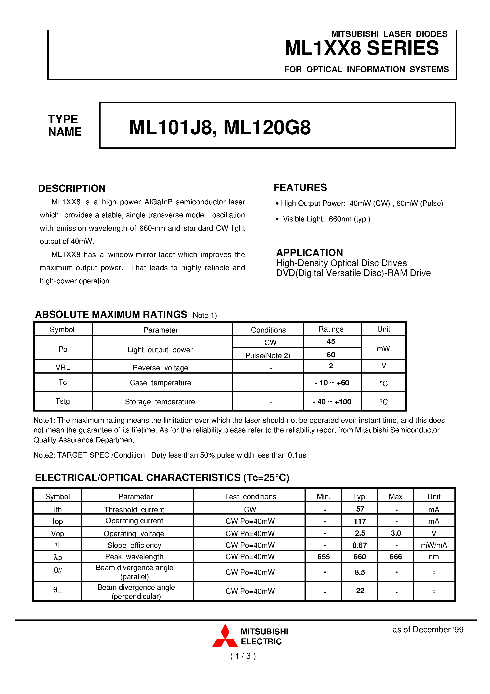 Datasheet ML101J8 page 1 Datasheet ML101J8 - FOR OPTICAL INFORMATION SYSTEMS page 1