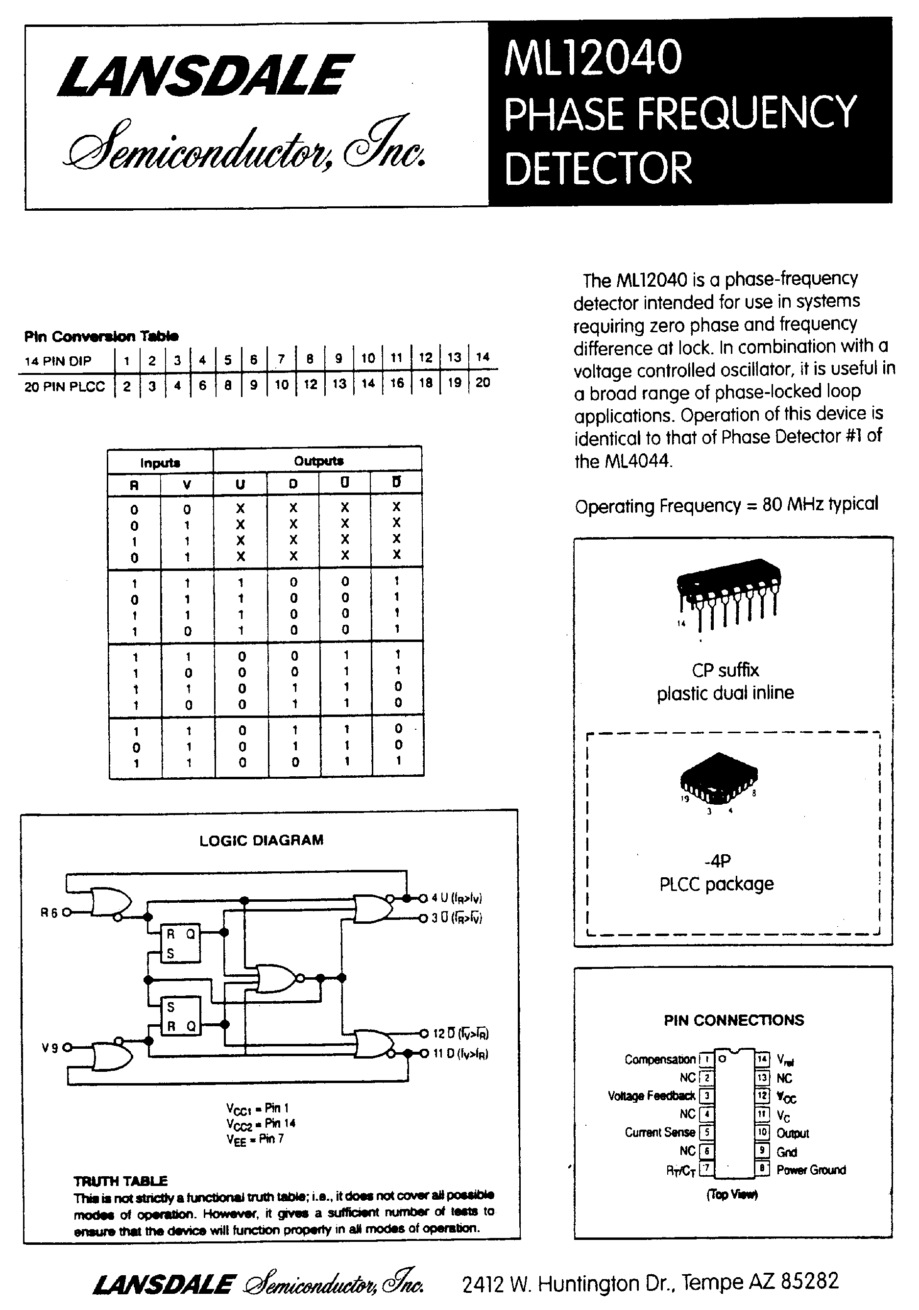 Даташит на микросхему ML12040 страница 1 Даташит ML12040 - PHASE FREQUENCY DETECTOR страница 1