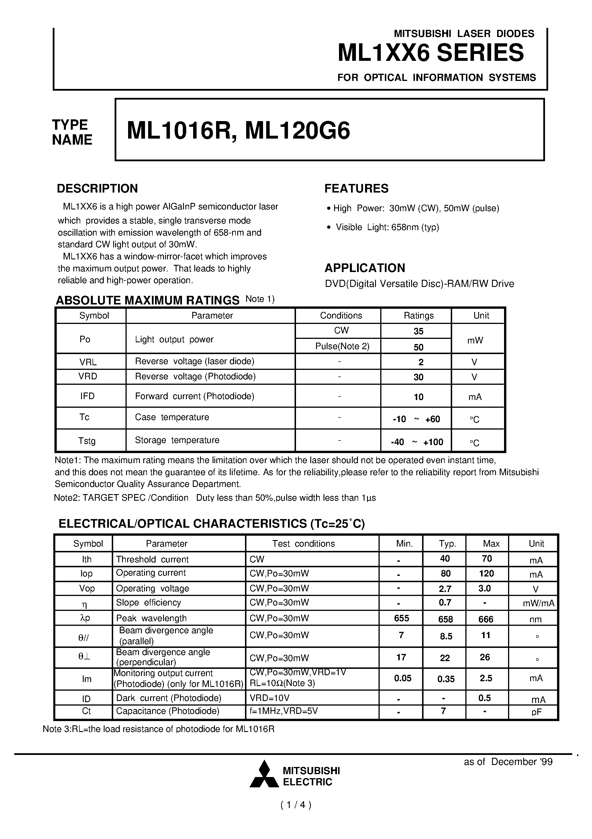 Datasheet ML120G6 page 1 Datasheet ML120G6 - FOR OPTICAL INFORMATION SYSTEMS page 1