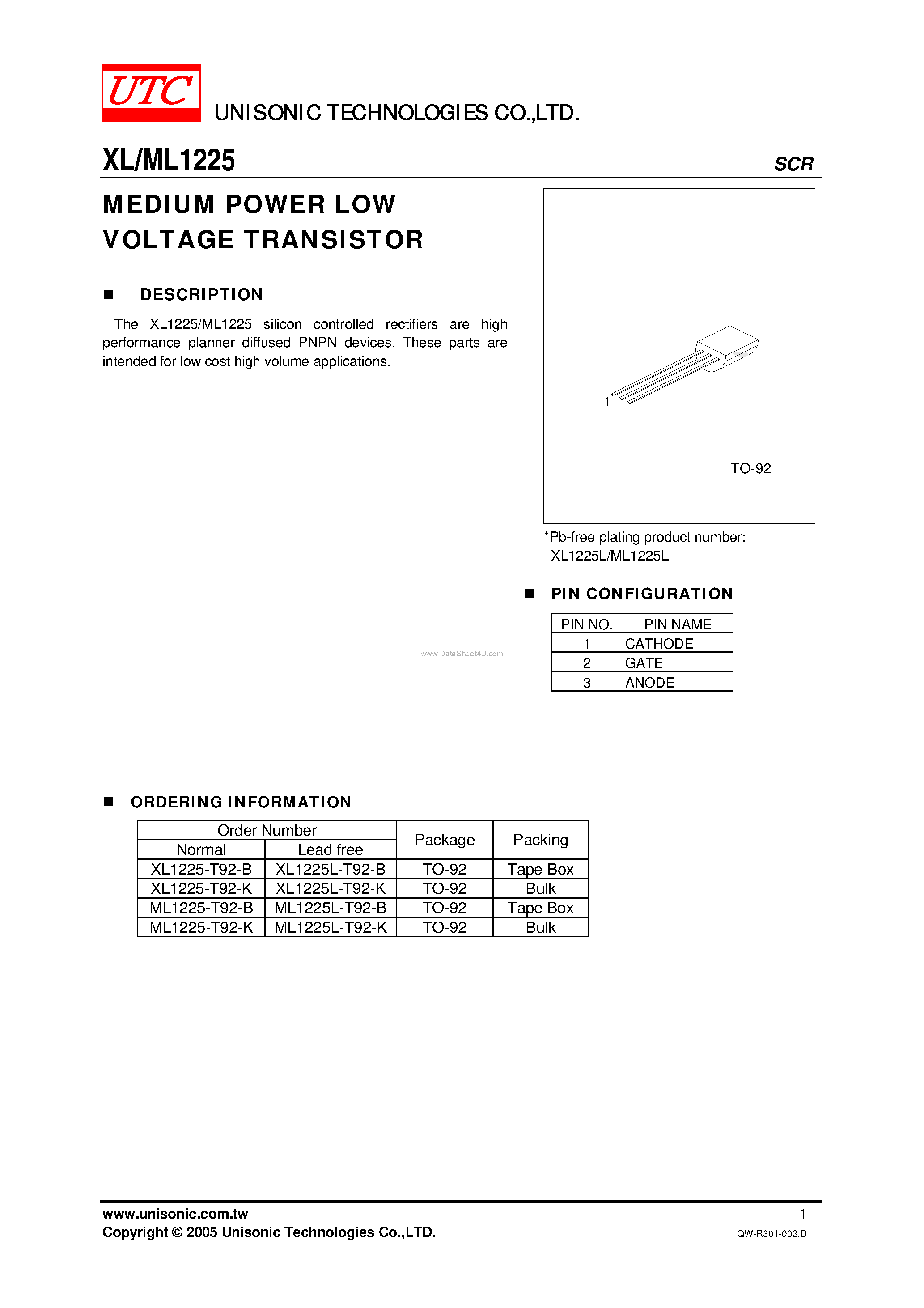 Даташит на микросхему ML1225 страница 1 Даташит ML1225 - The XL1225/ML1225 silicon controlled rectifiers страница 1