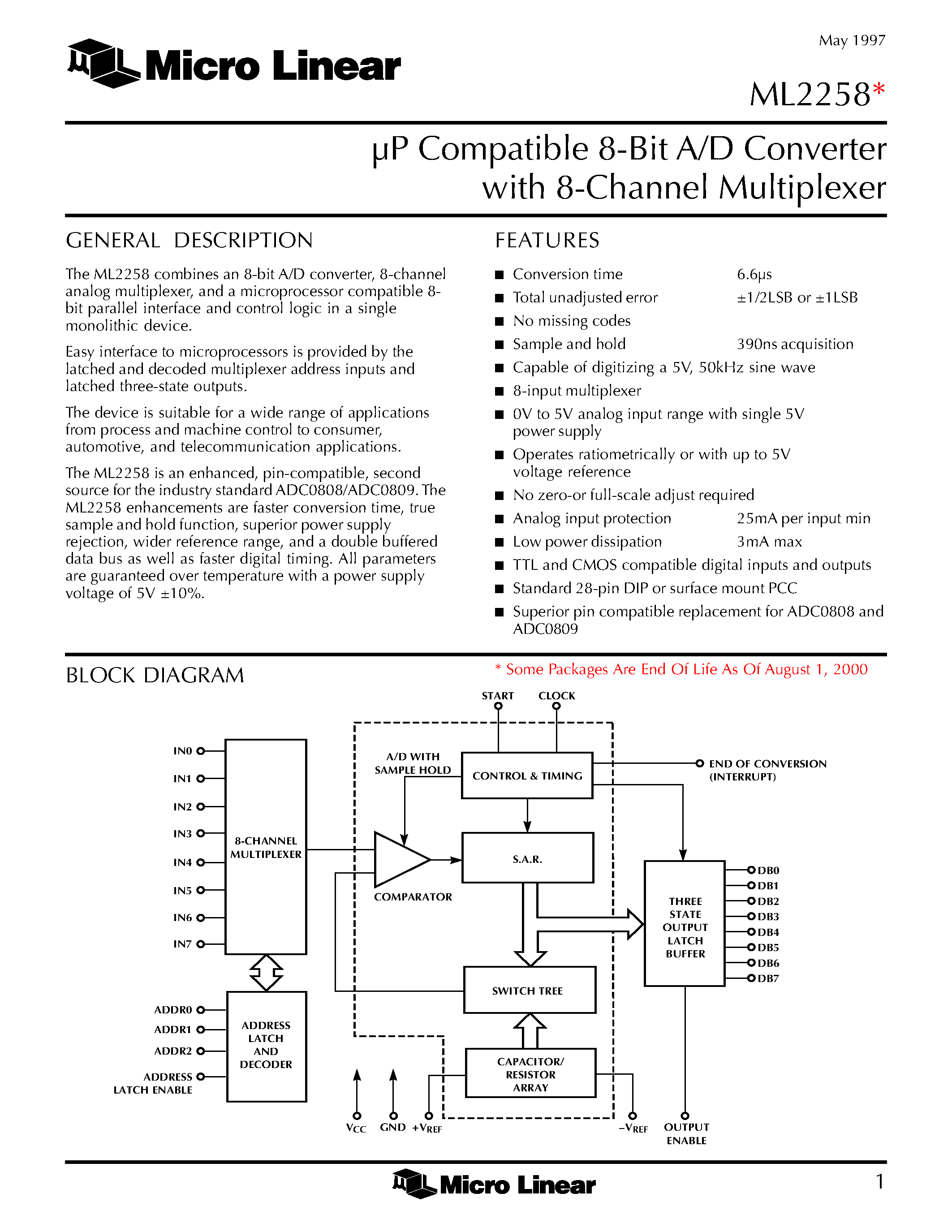 Даташит ML2258BIQ - P Compatible 8-Bit A/D Converter with 8-Channel Multiplexer страница 1