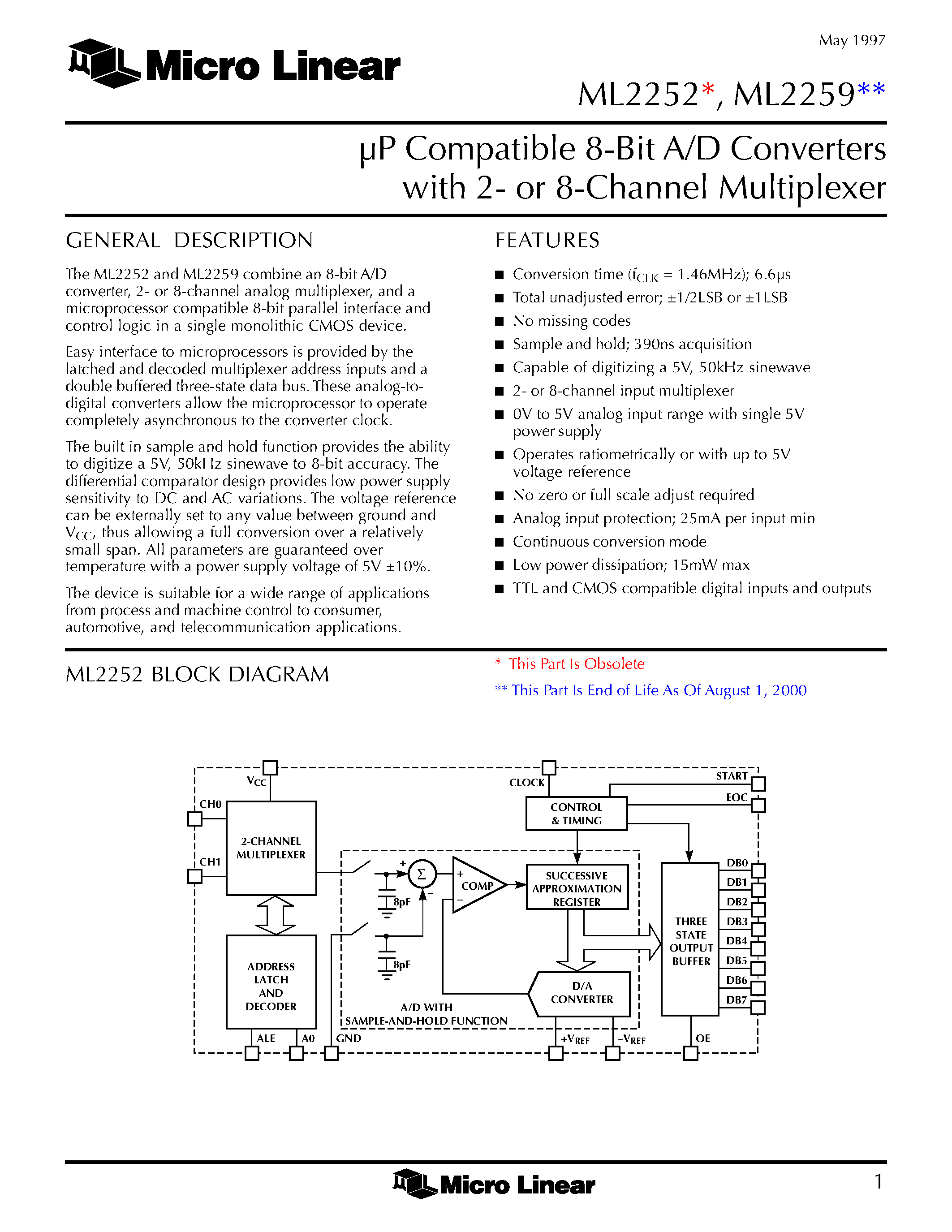 Datasheet ML2259CCP - P Compatible 8-Bit A/D Converters with 2- or 8-Channel Multiplexer page 1
