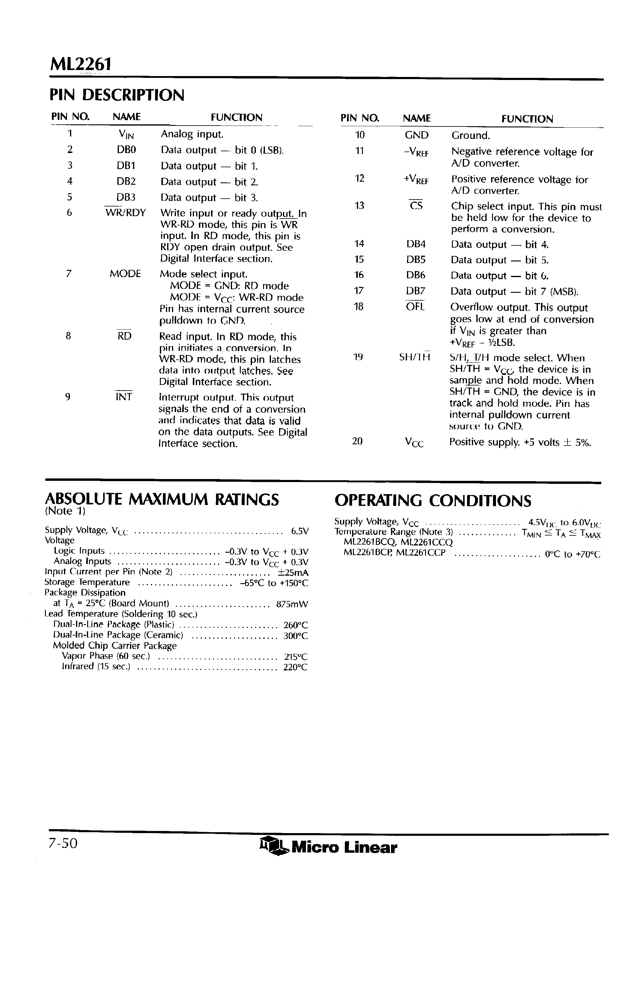 Даташит на микросхему ML2261 страница 2 Даташит ML2261 - P Compatible High-Speed 8-Bit A/D Converter with T/H (S/H) страница 2
