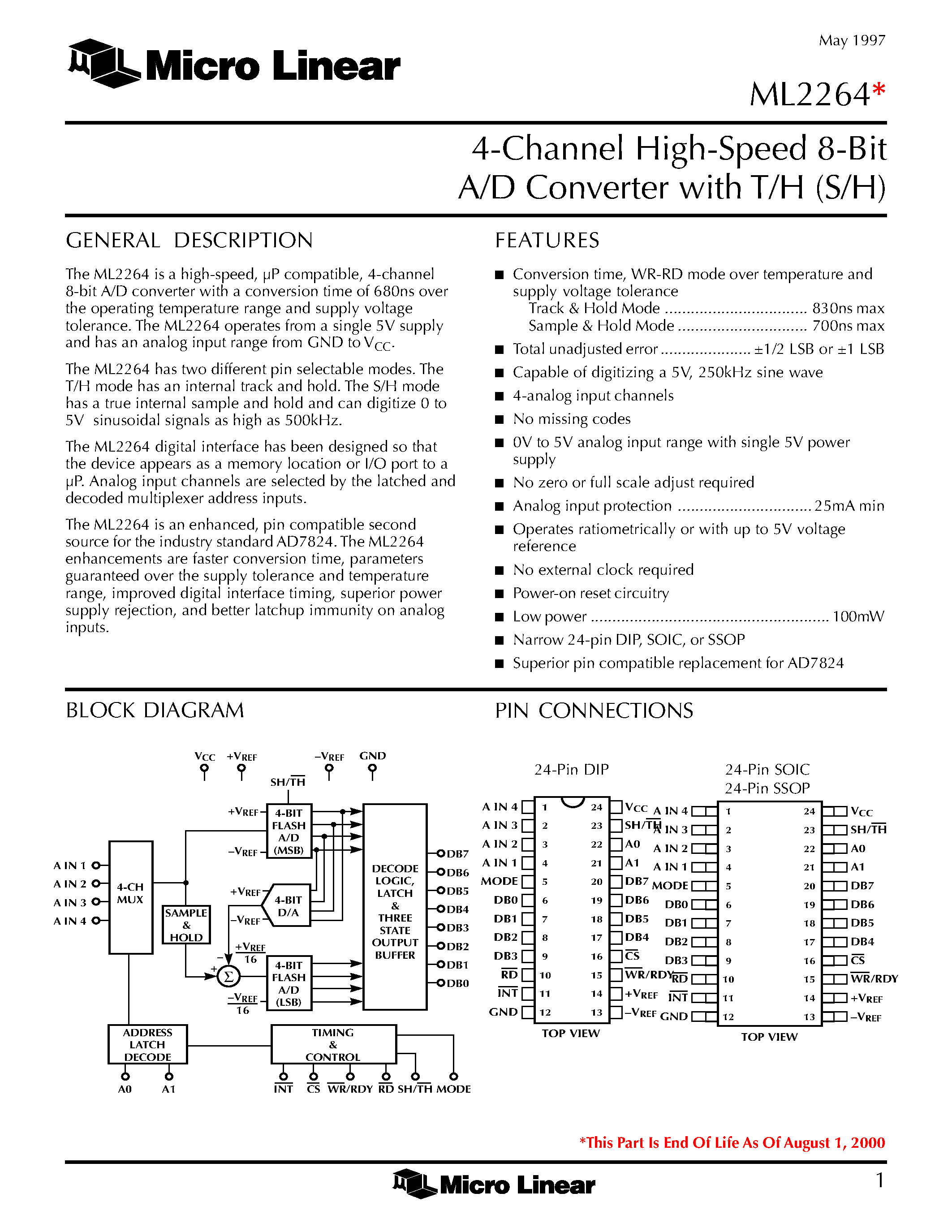Даташит на микросхему ML2264 страница 1 Даташит ML2264 - 4-Channel High-Speed 8-Bit A/D Converter with T/H (S/H) страница 1
