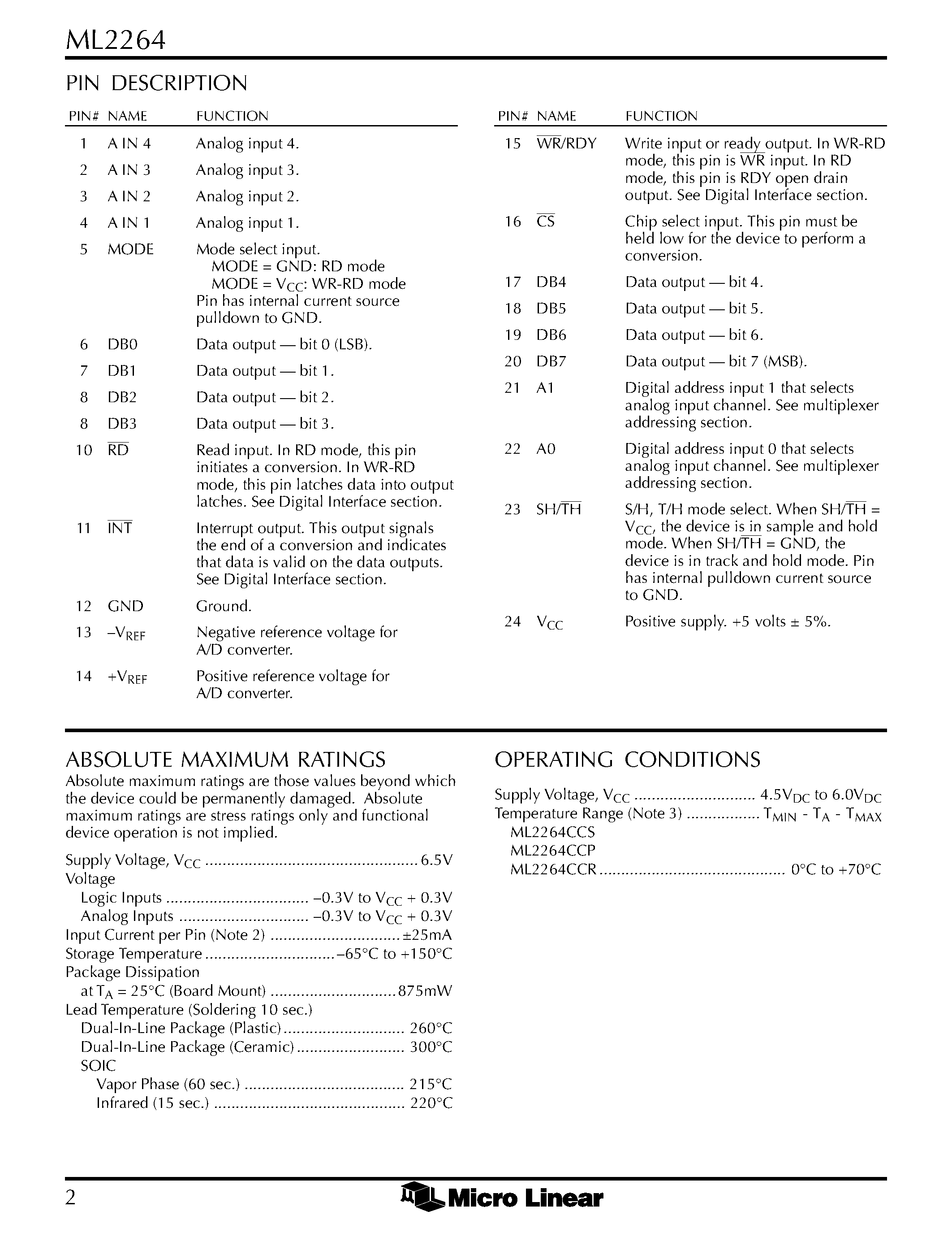 Даташит на микросхему ML2264 страница 2 Даташит ML2264 - 4-Channel High-Speed 8-Bit A/D Converter with T/H (S/H) страница 2