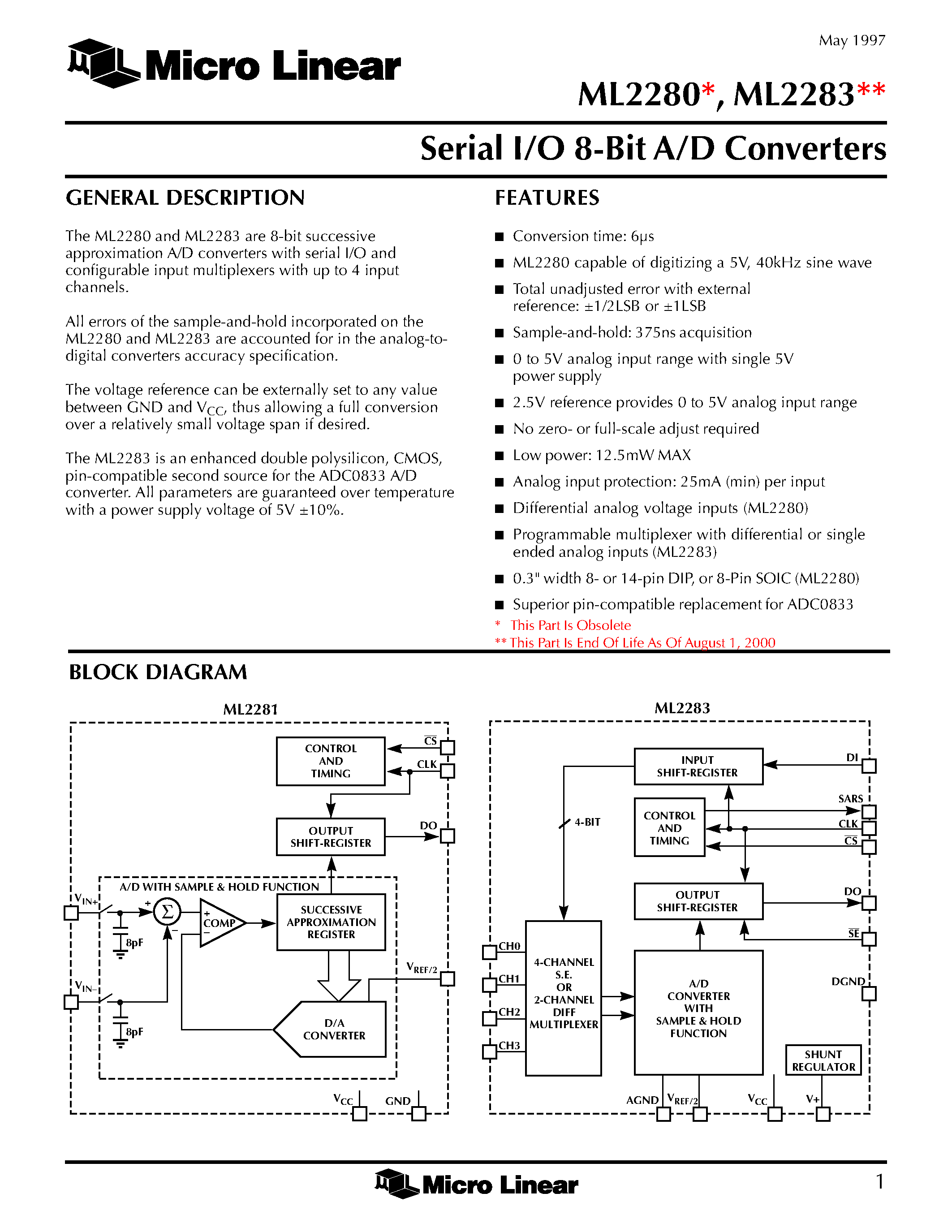 Даташит ML2283CIP - Serial I/O 8-Bit A/D Converters страница 1