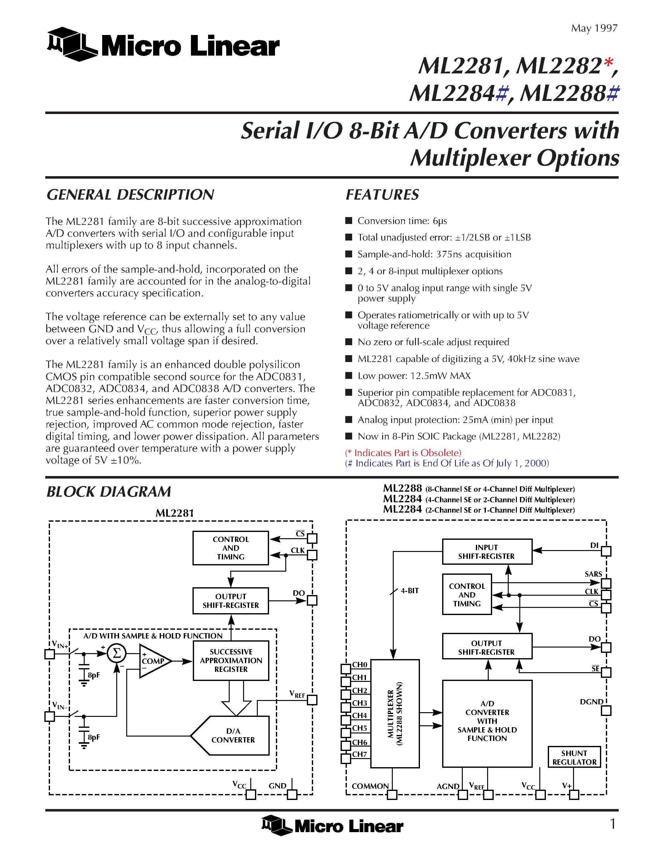 Datasheet ML2288CIP - Serial I/O 8-Bit A/D Converters with Multiplexer Options page 1
