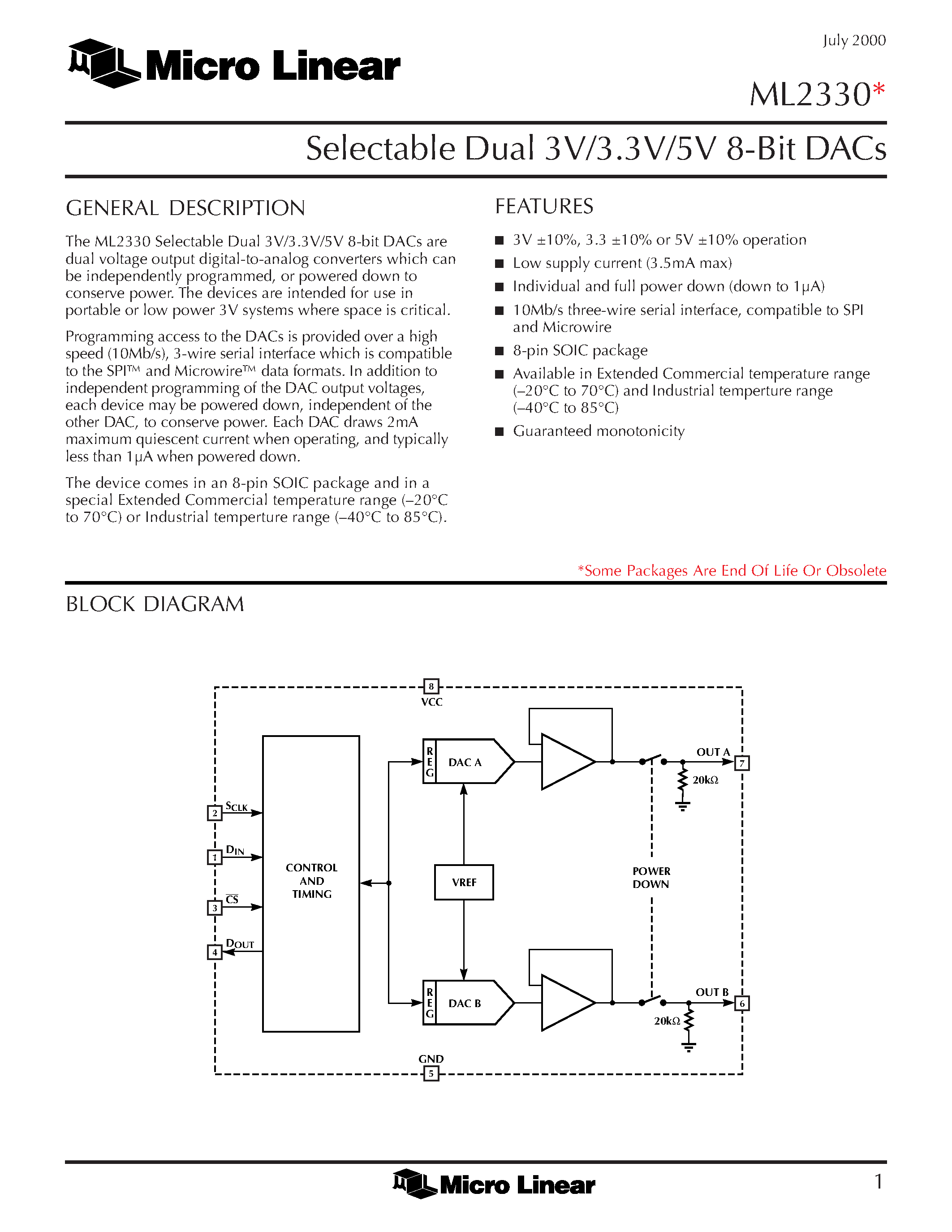 Даташит ML2330 - Selectable Dual 3V/3.3V/5V 8-Bit DACs страница 1