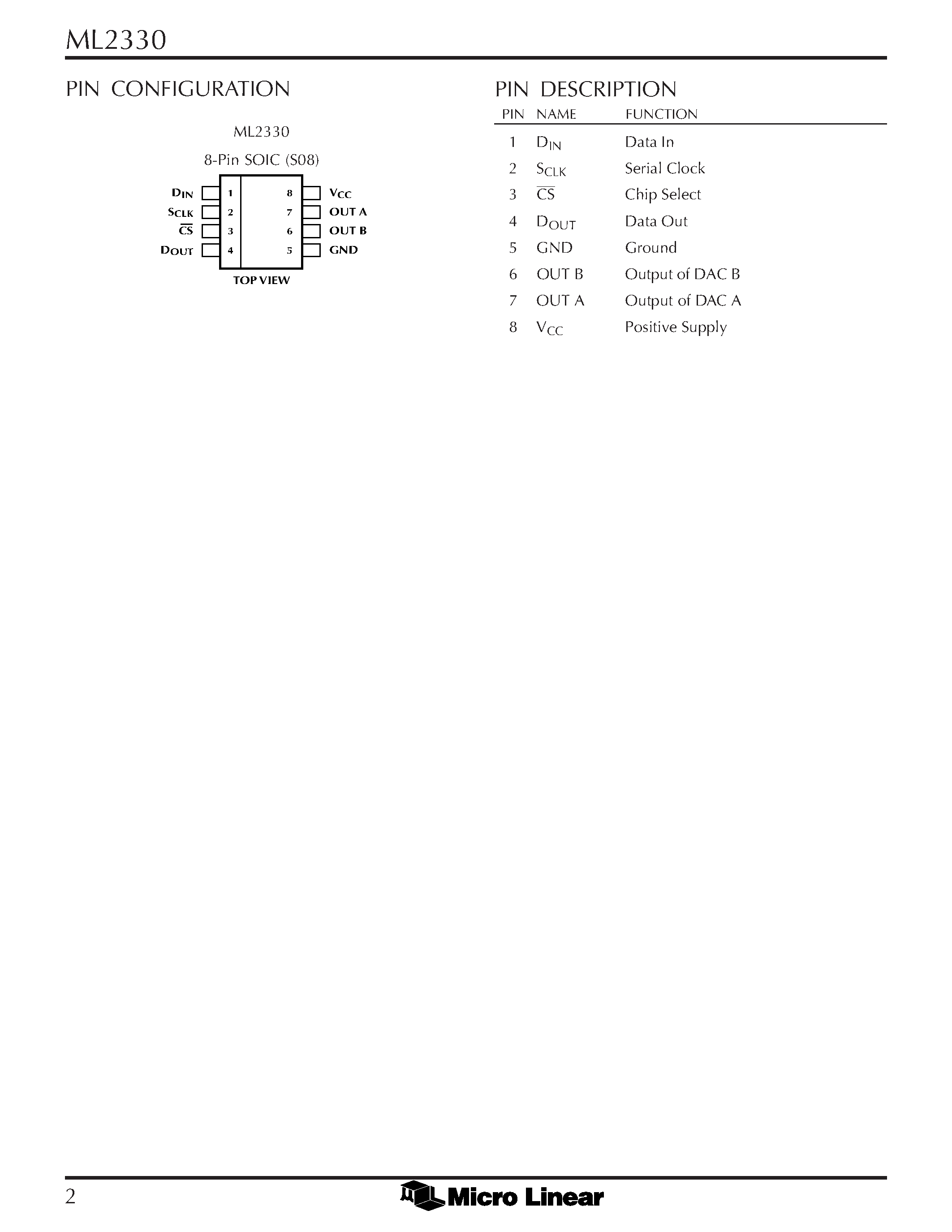 Даташит ML2330 - Selectable Dual 3V/3.3V/5V 8-Bit DACs страница 2