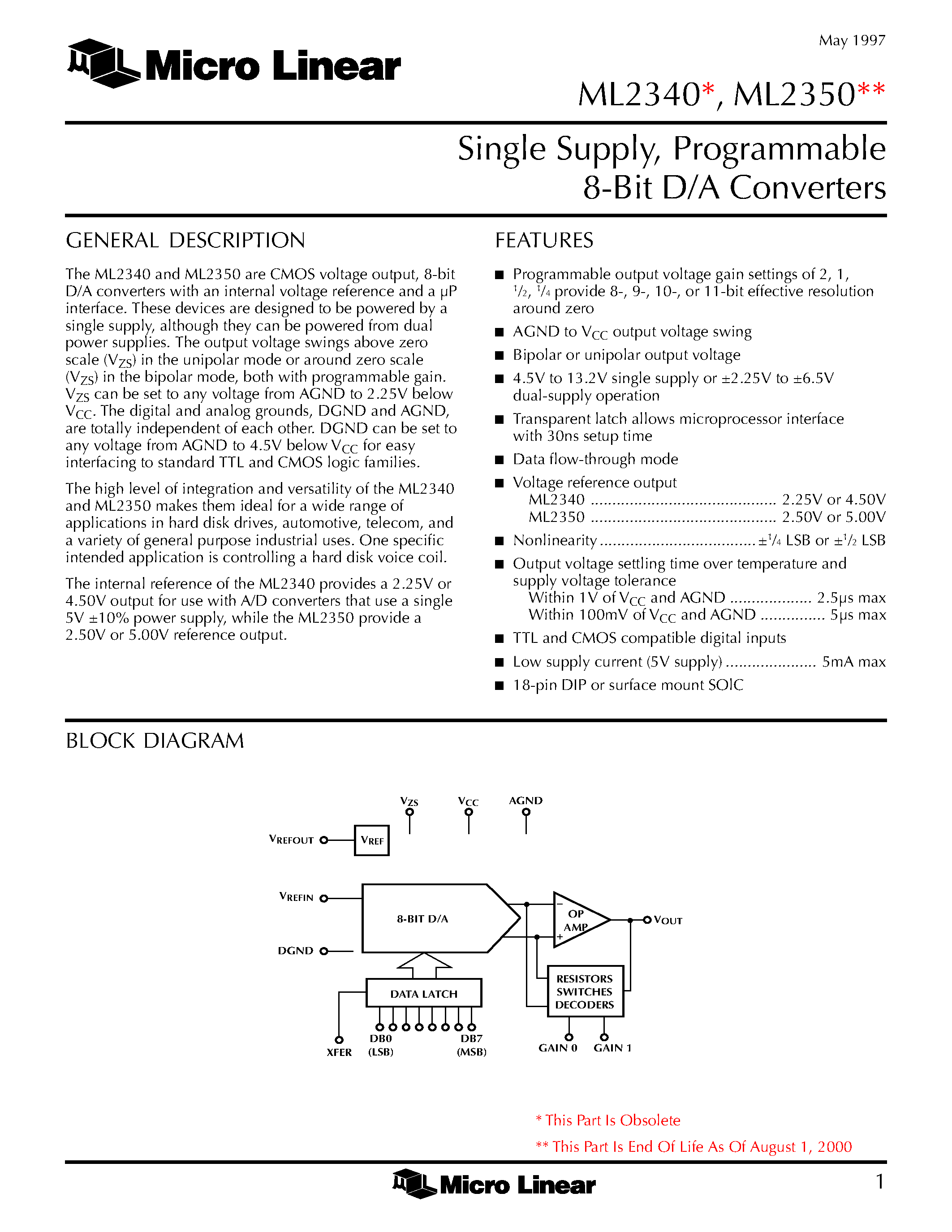 Даташит ML2340CCS/12 - Single Supply / Programmable 8-Bit D/A Converters страница 1