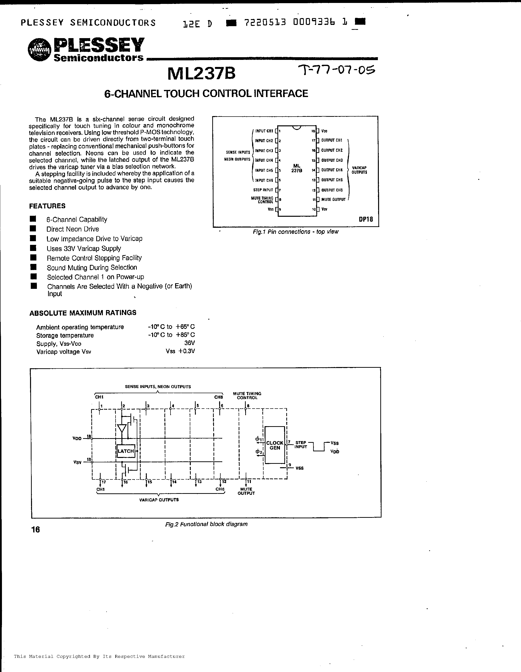 Datasheet ML237B - 6 CHANNEL TOUCH CONTROL INTERFACE page 1
