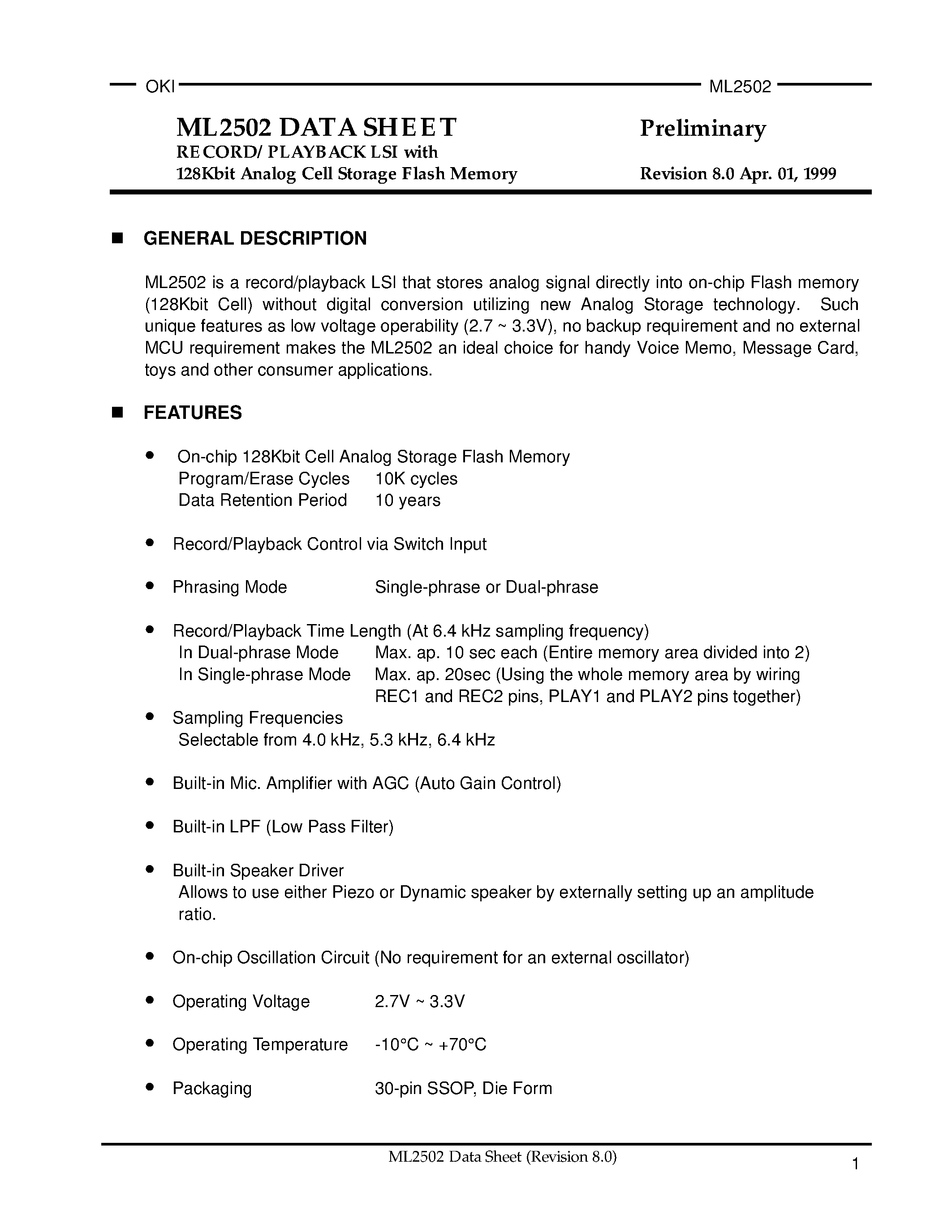 Datasheet ML2502 - 128Kbit Analog Cell Storage Flash Memory Revision 8.0 Apr. 01 / 1999 page 1