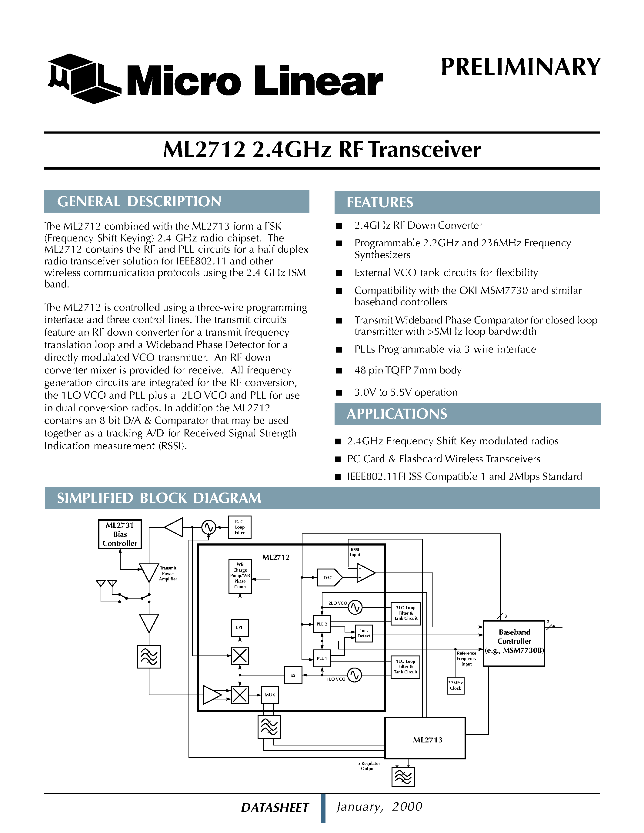 Datasheet ML2712 page 1 Datasheet ML2712 - 2.4GHz FHSS Radio Chipset page 1