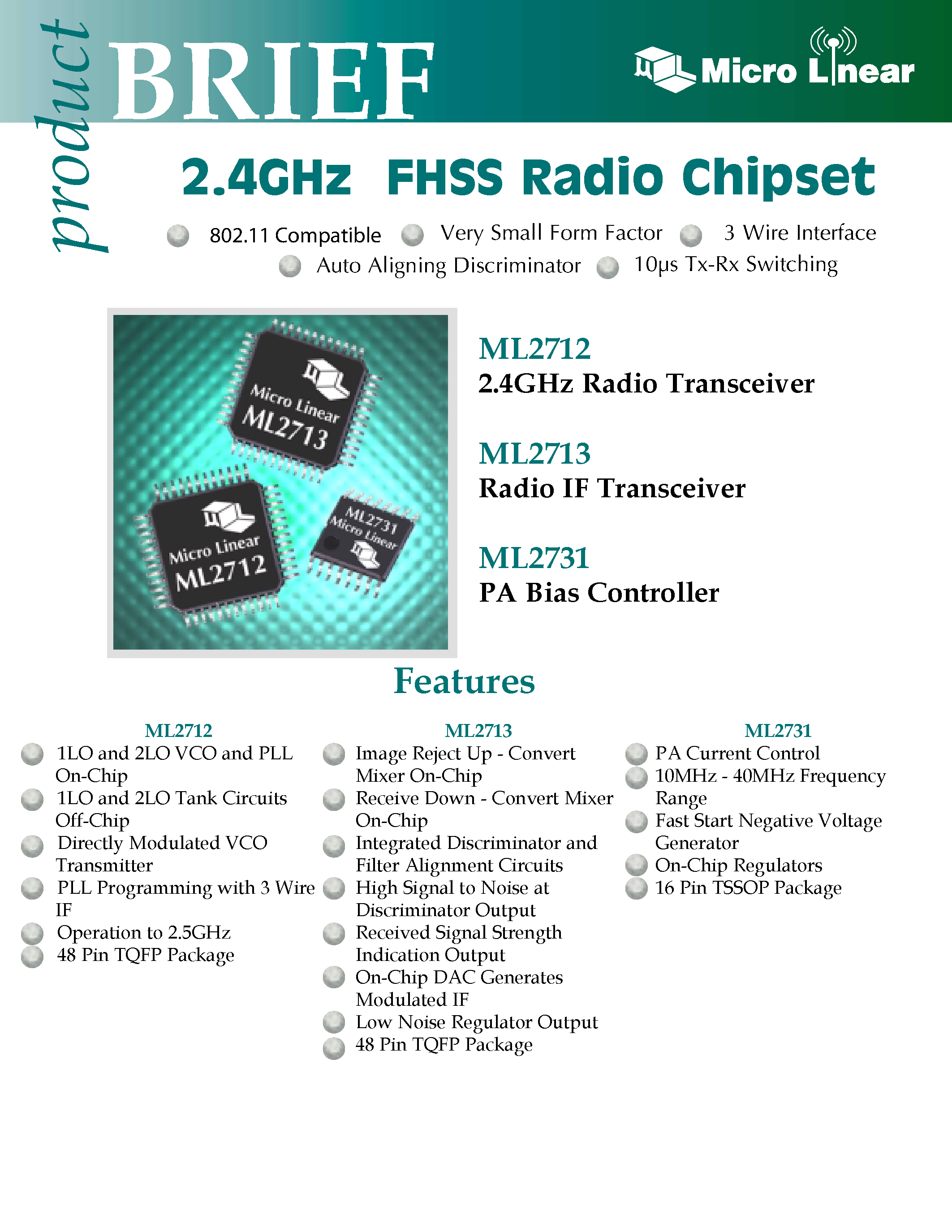 Datasheet ML2712-1 page 1 Datasheet ML2712-1 - 2.4GHz FHSS Radio Chipset page 1