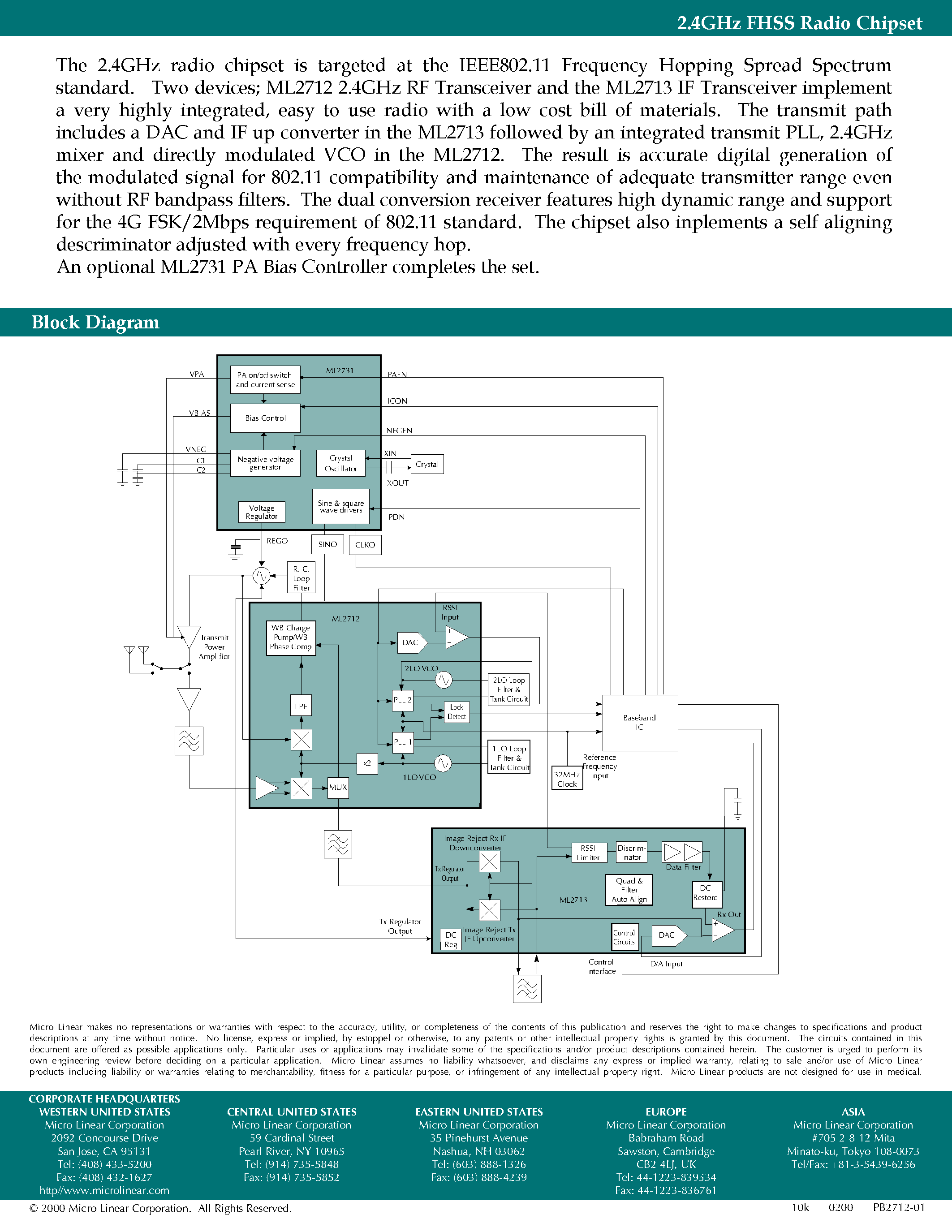 Datasheet ML2712-1 page 2 Datasheet ML2712-1 - 2.4GHz FHSS Radio Chipset page 2