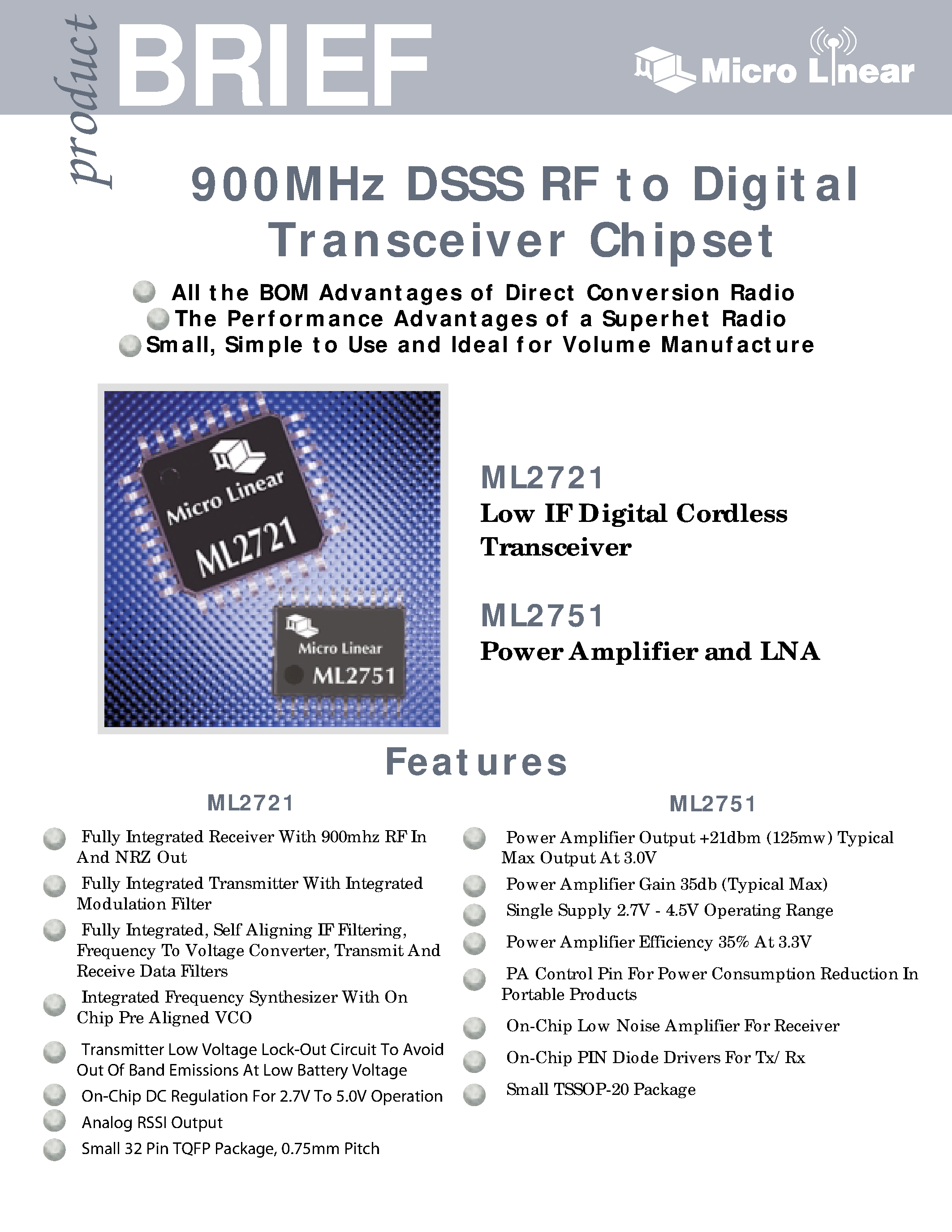 Datasheet ML2721-1 - 900MHz DSSS RF to Digital Transceiver Chipset page 1