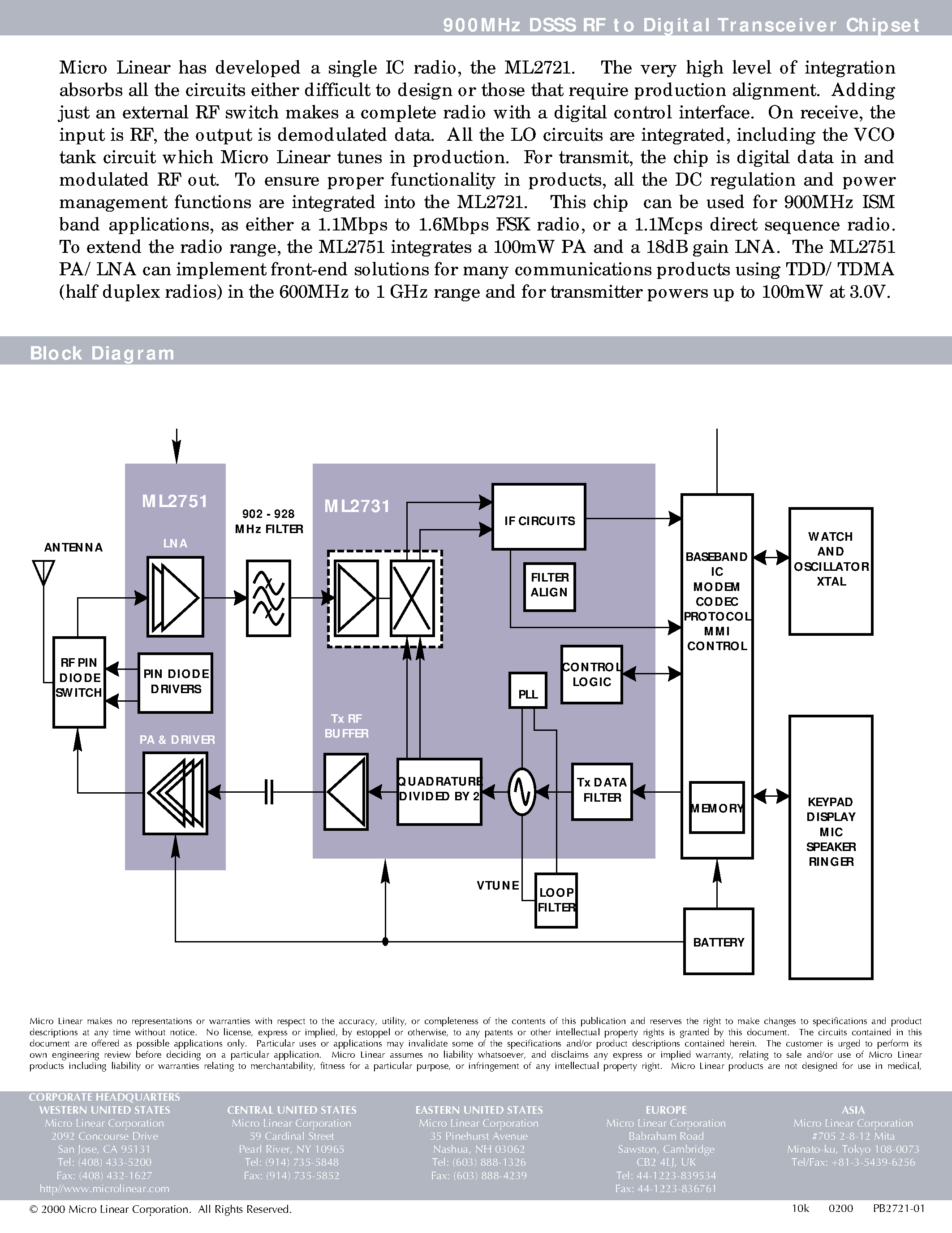 Datasheet ML2721-1 - 900MHz DSSS RF to Digital Transceiver Chipset page 2