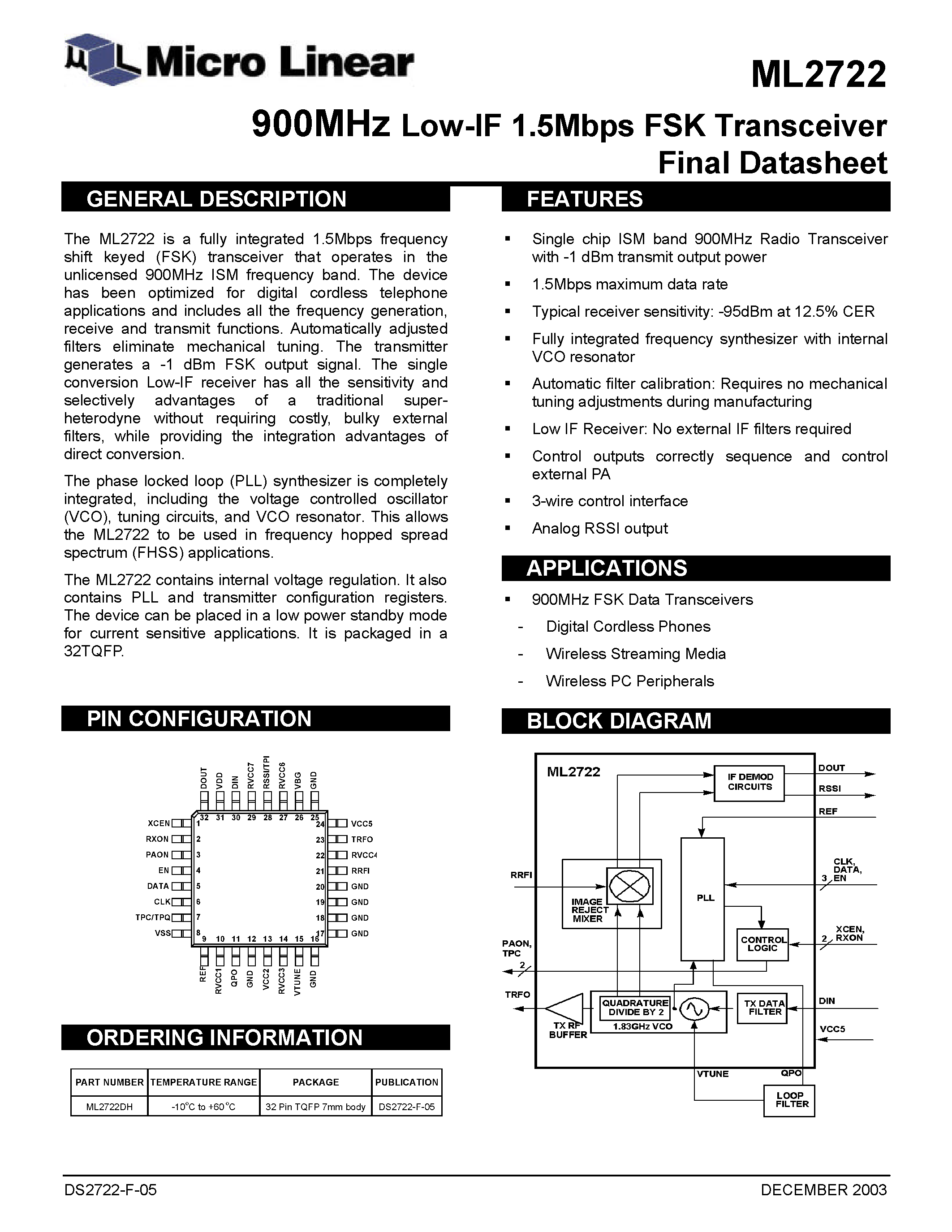Datasheet ML2722 - 900MHz Low-IF 1.5Mbps FSK Transceiver Final Datasheet page 1