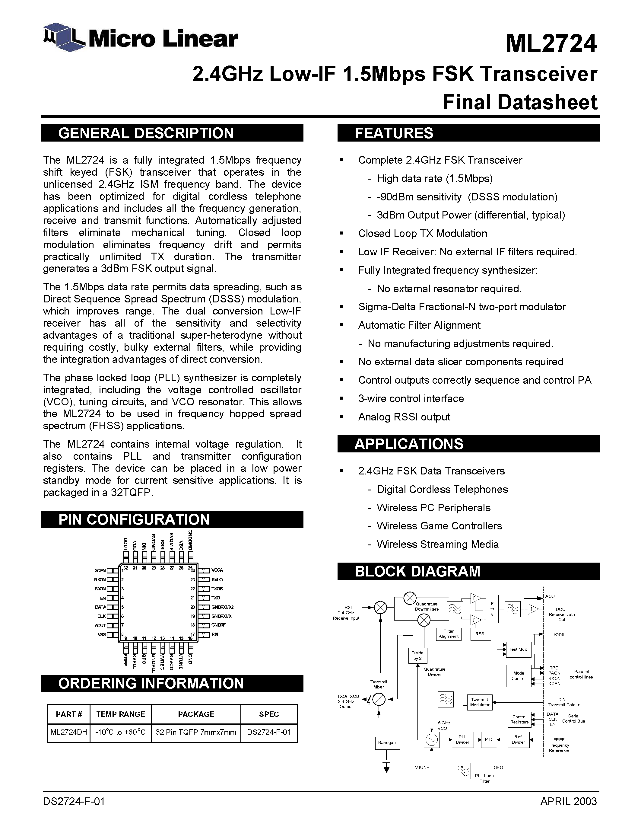 Datasheet ML2724 - 2.4GHz Low-IF 1.5Mbps FSK Transceiver Final Datasheet page 1