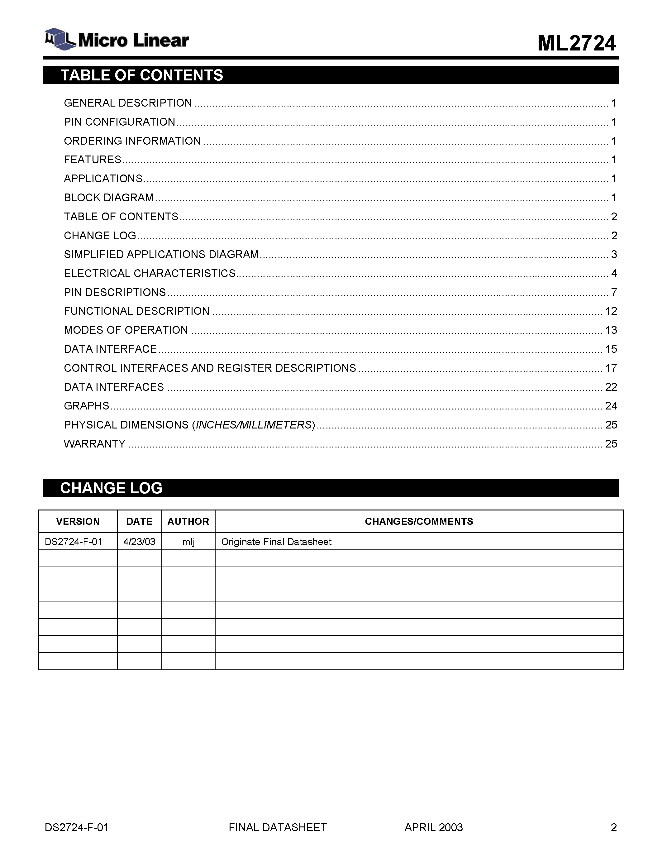 Datasheet ML2724 - 2.4GHz Low-IF 1.5Mbps FSK Transceiver Final Datasheet page 2
