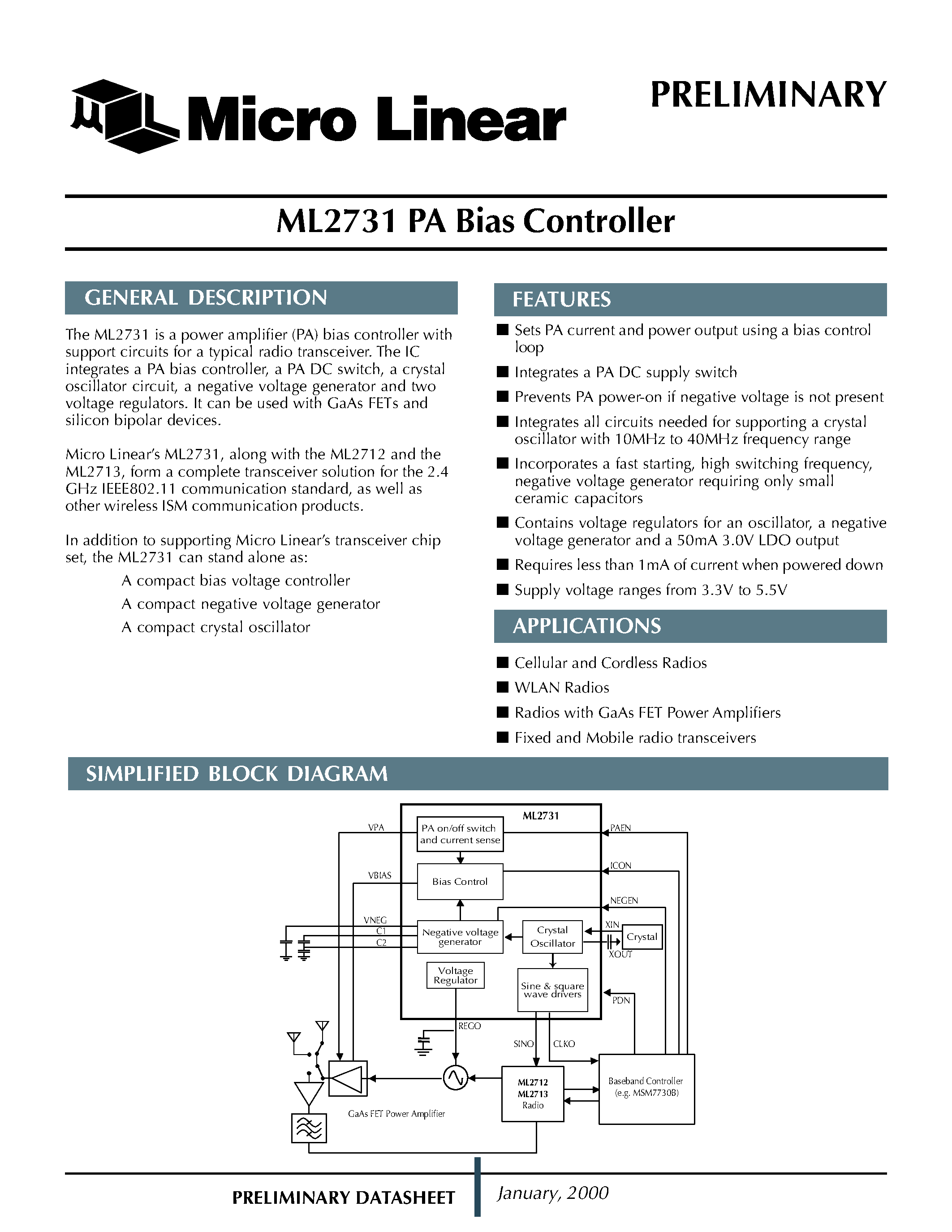 Datasheet ML2731 page 1 Datasheet ML2731 - 2.4GHz FHSS Radio Chipset page 1