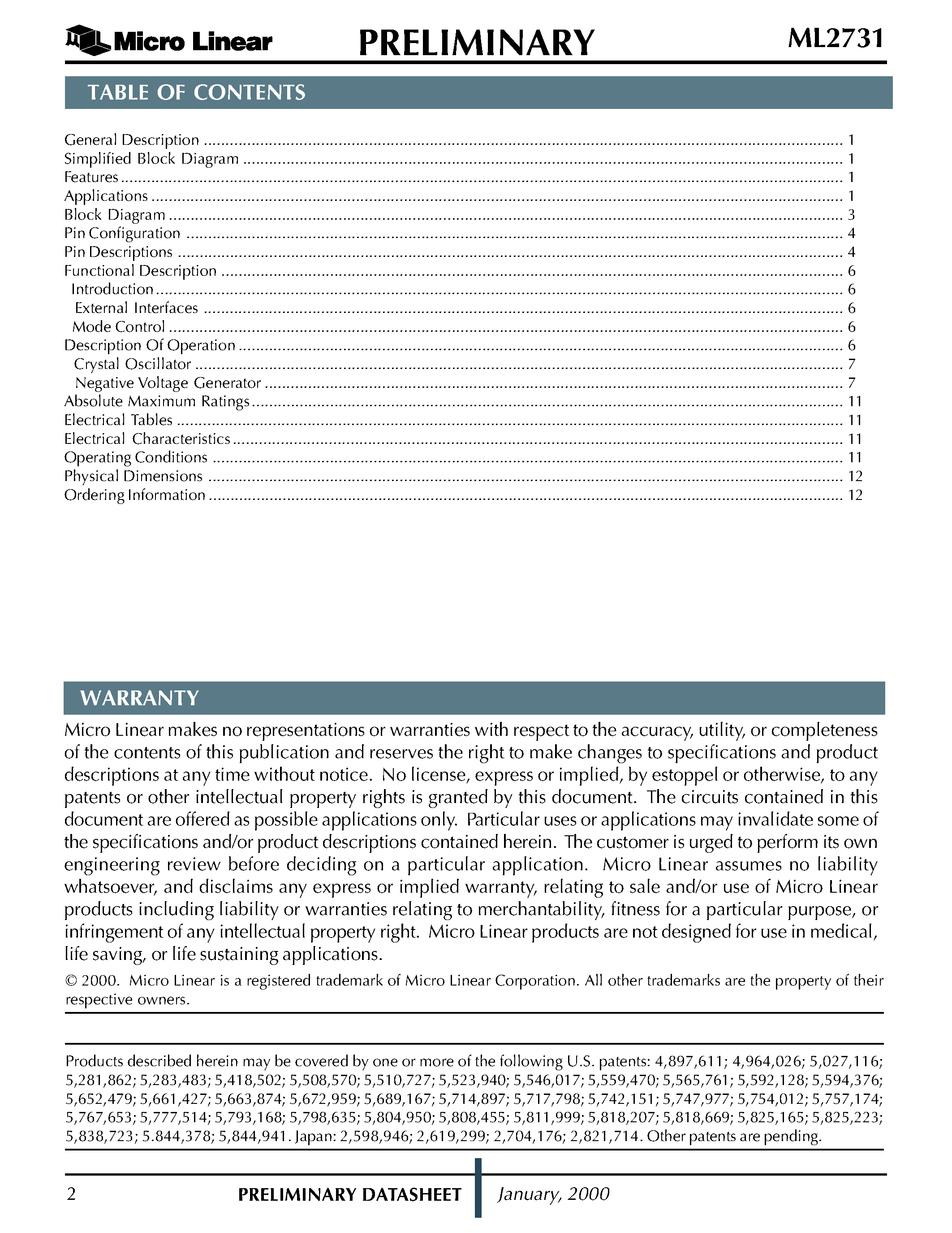 Datasheet ML2731 page 2 Datasheet ML2731 - 2.4GHz FHSS Radio Chipset page 2